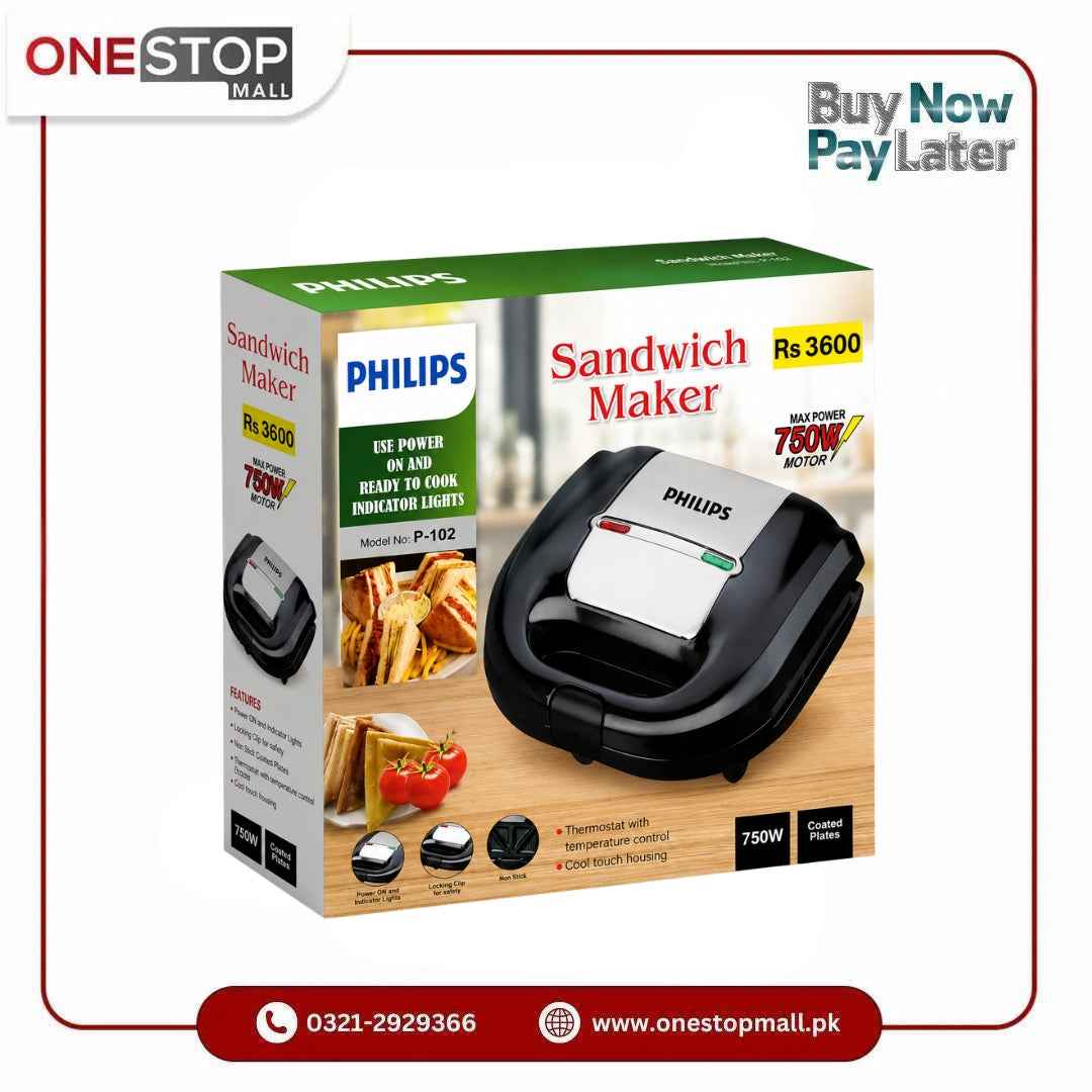 Philips P-102 Sandwich Maker 750W Non-Stick Plates | Indicator Lights | Cool Touch Handle