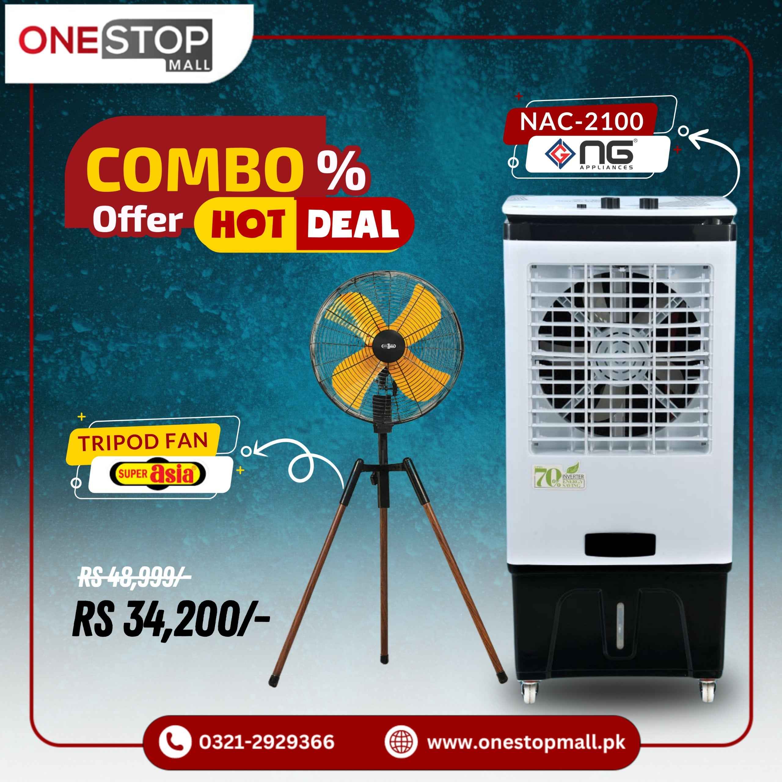 Combo Deal Discount Offer (Nasgas Inverter Room Cooler NAC-2100) ( Super Asia Tripod Fan 18 Inches)