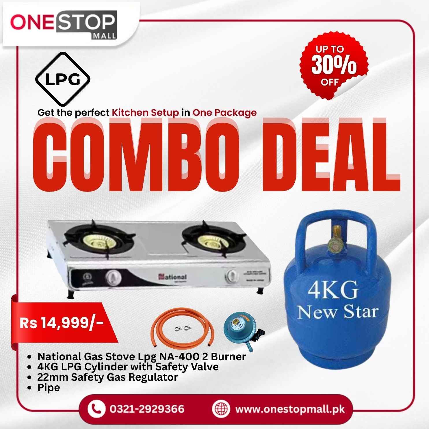 LPG Package National Gas Stove Lpg NA-400 New Star 4 KG Cylender Gas Pipe Regulator