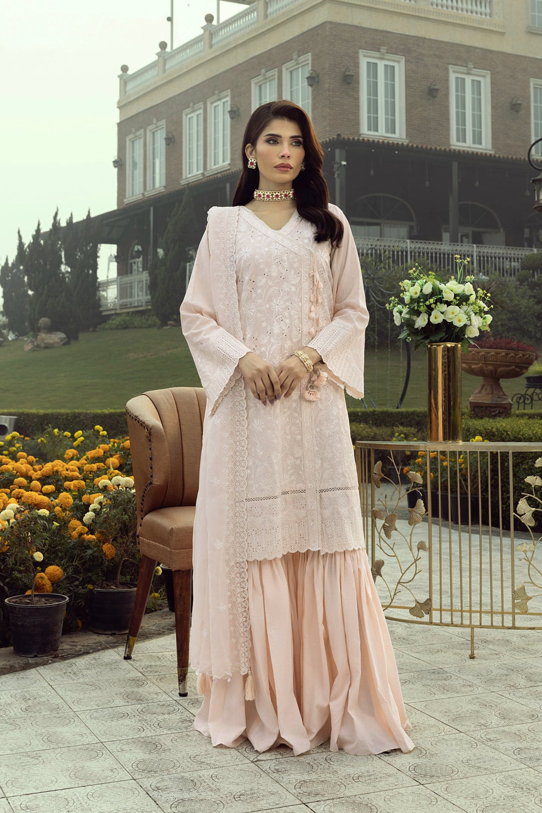 03 Piece Stitched Embroidered with Dyed Embroidered Chiffon Dupatta