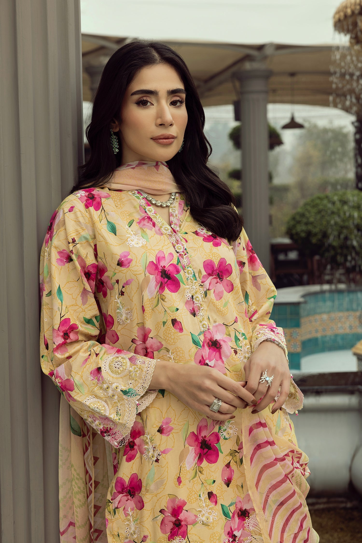 03 Piece Stitched Printed Embroidered With Printed Chiffon Dupatta