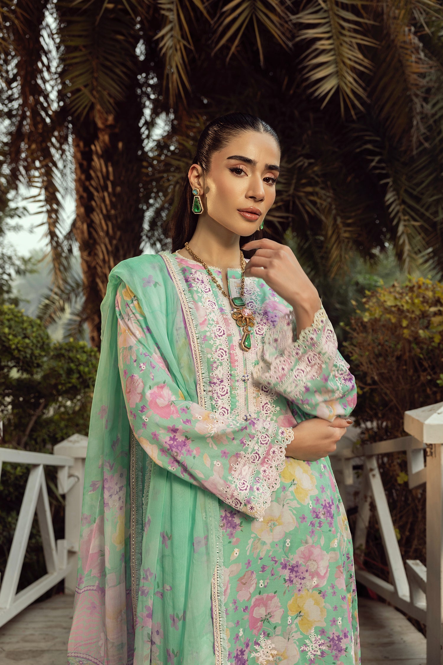 03 Piece Stitched Printed Embroidered With Printed Chiffon Dupatta