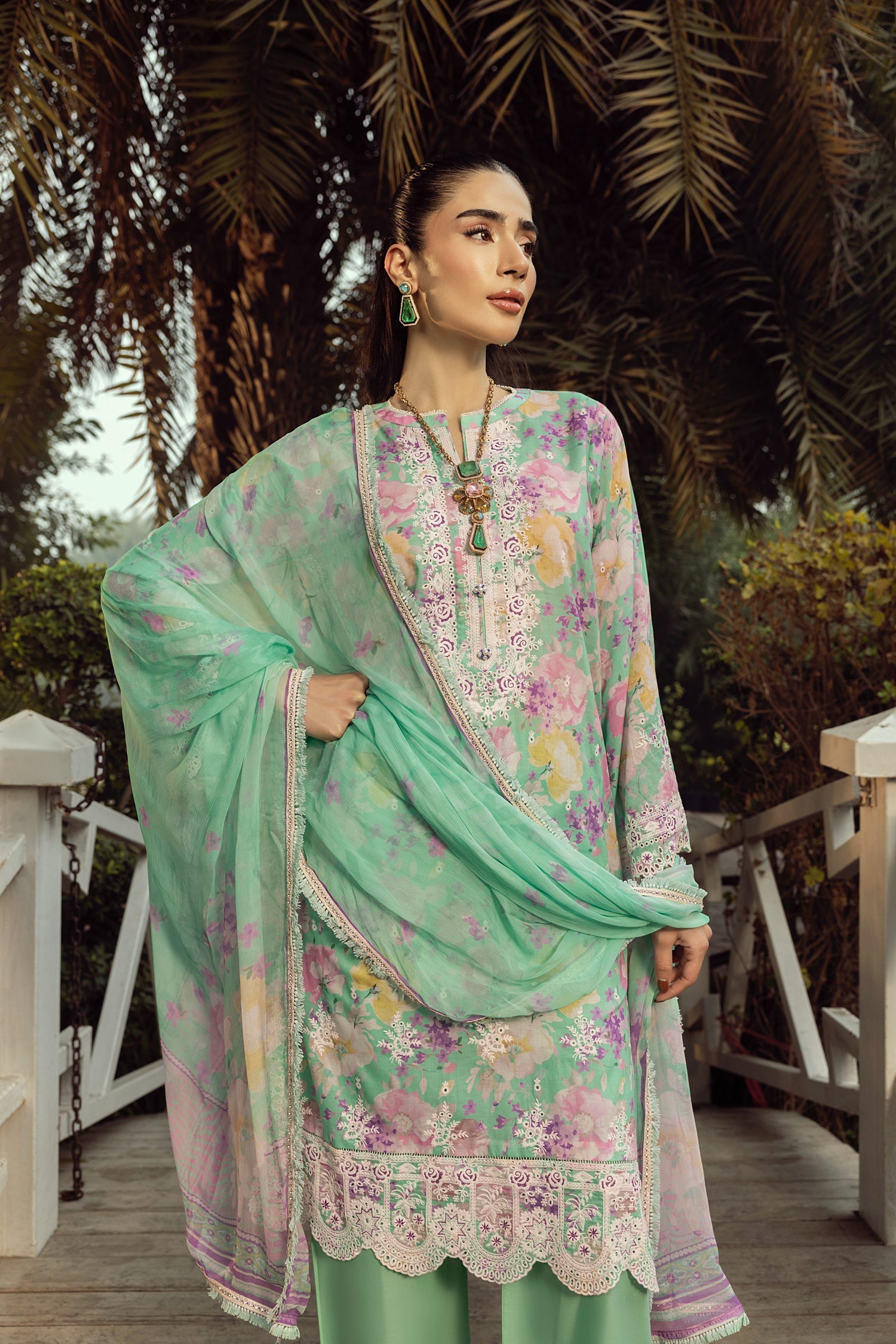 03 Piece Stitched Printed Embroidered With Printed Chiffon Dupatta