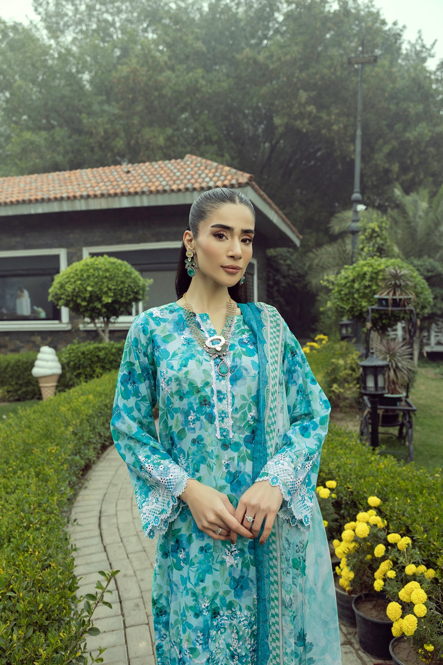 03 Piece Stitched Printed Embroidered With Printed Chiffon Dupatta
