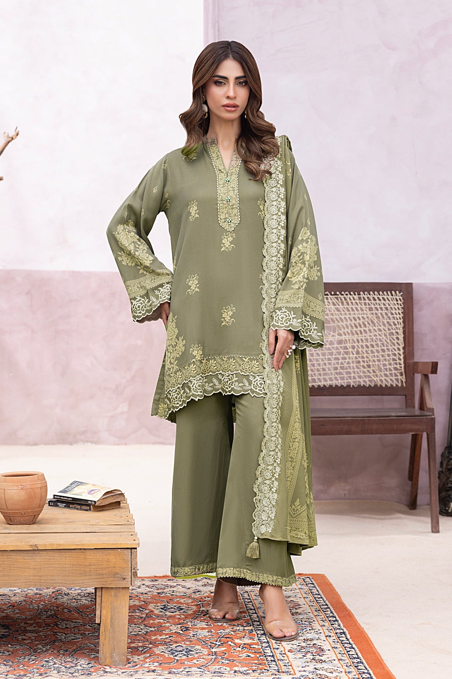 03 Piece Stitched Printed Embroidered Cashmi Wool