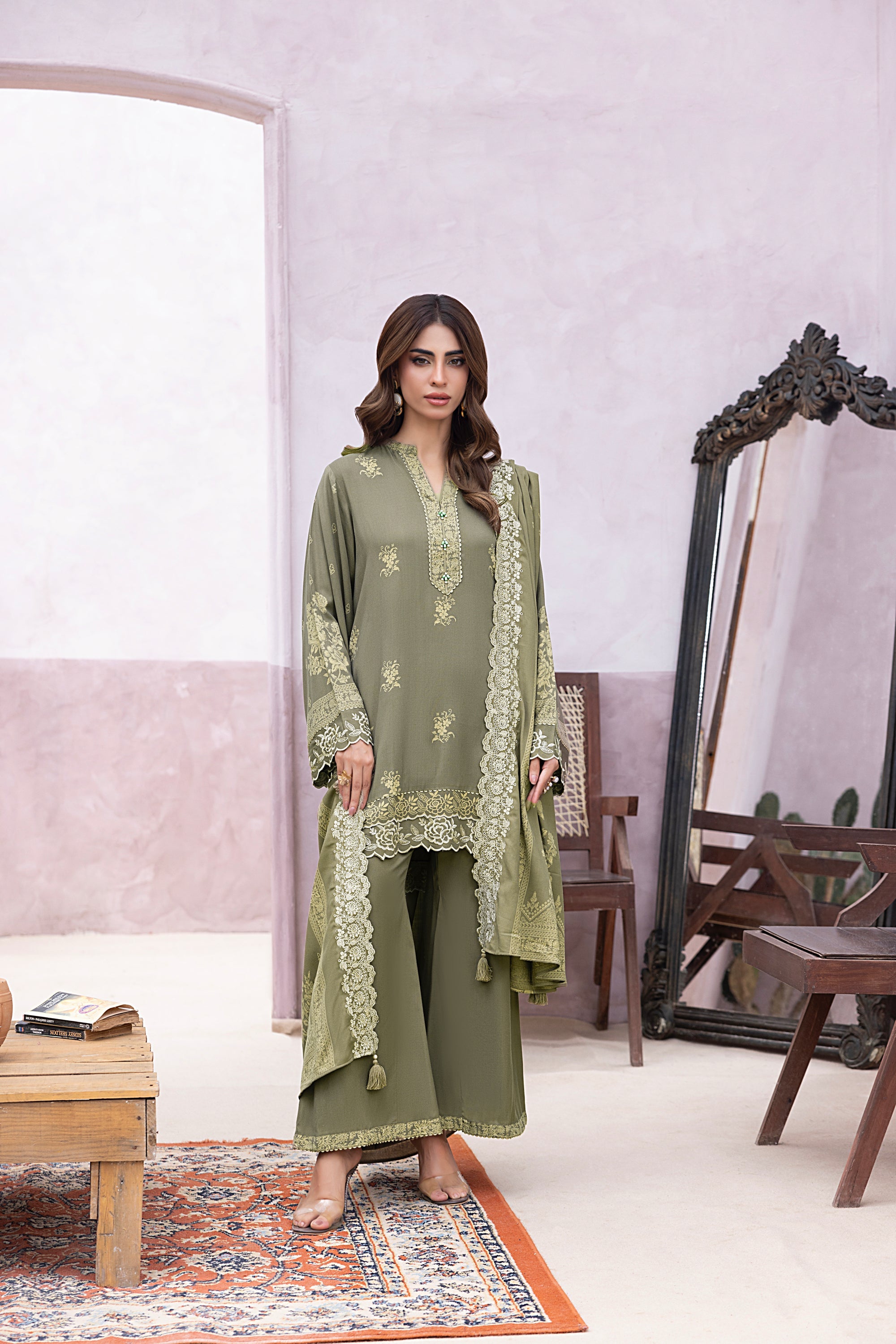 03 Piece Stitched Printed Embroidered Cashmi Wool