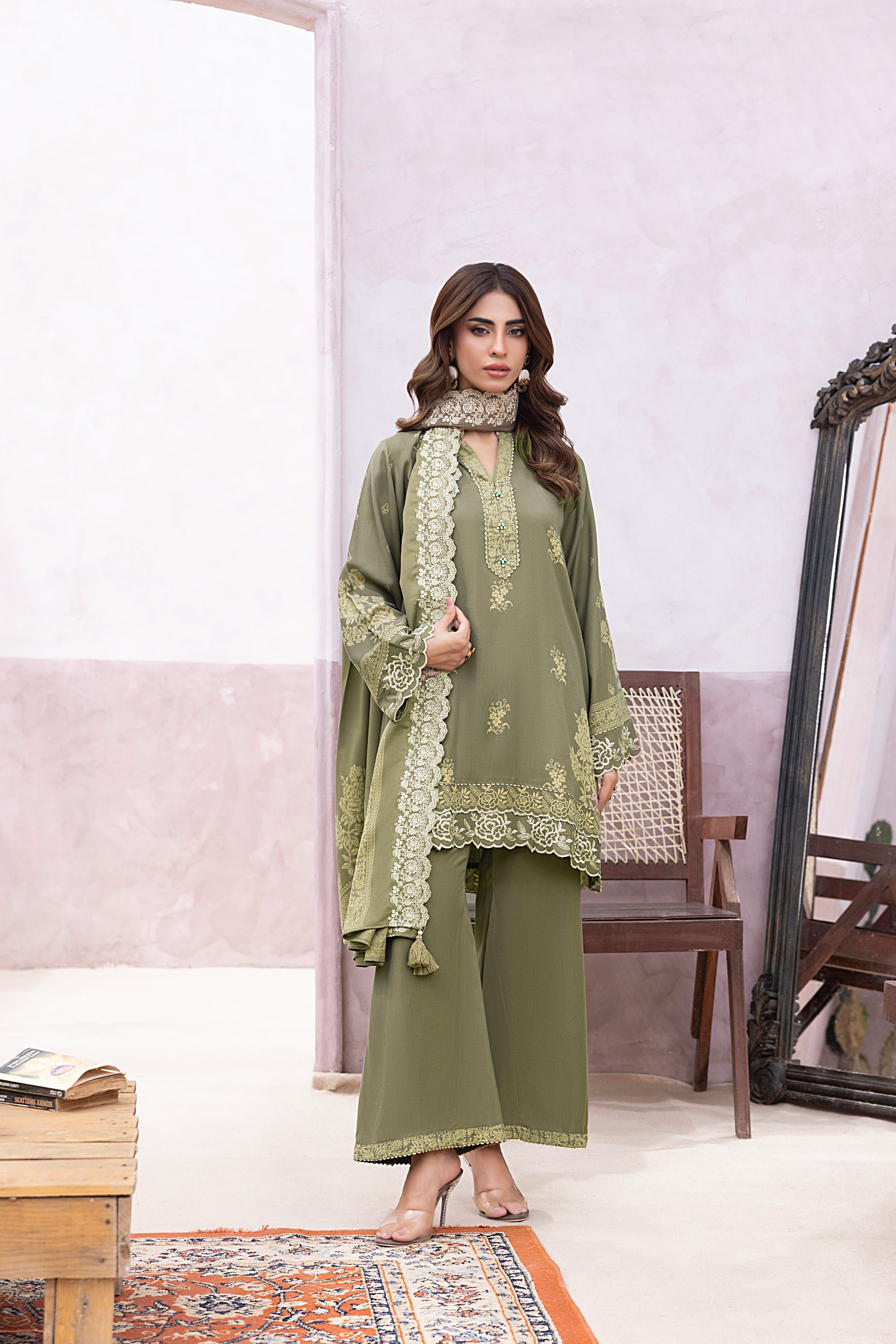 03 Piece Stitched Printed Embroidered Cashmi Wool