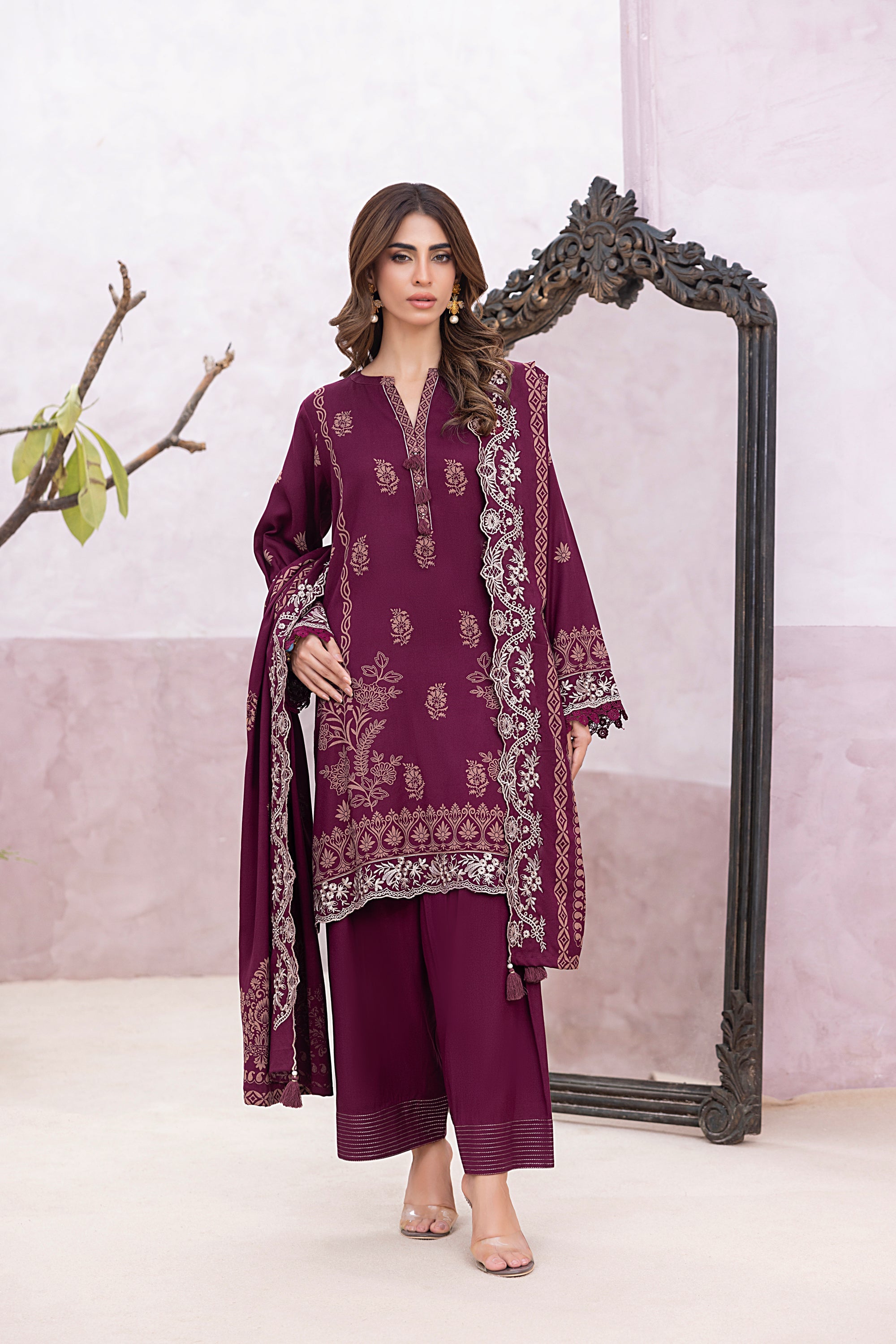 03 Piece Stitched Printed Embroidered Cashmi Wool