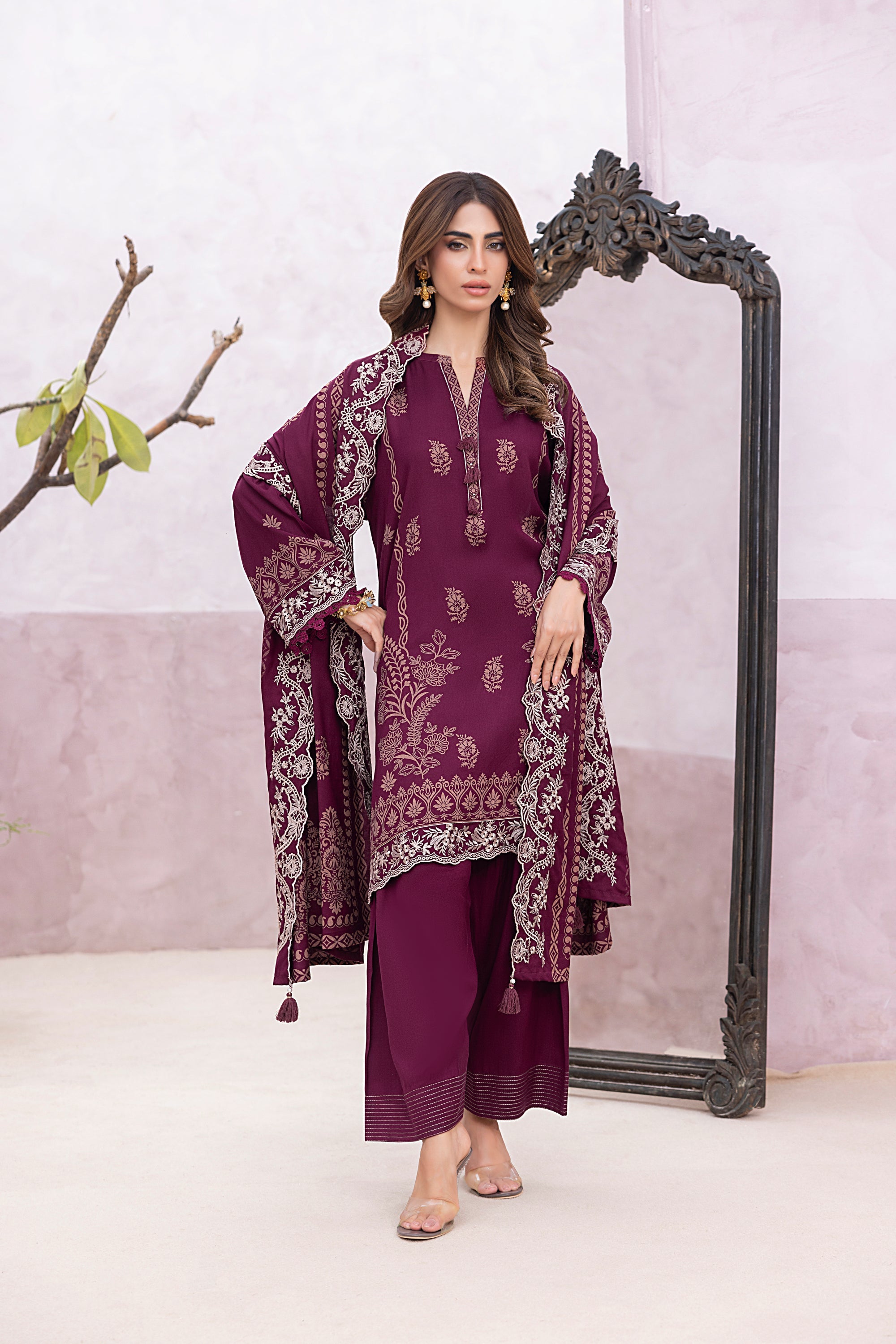 03 Piece Stitched Printed Embroidered Cashmi Wool