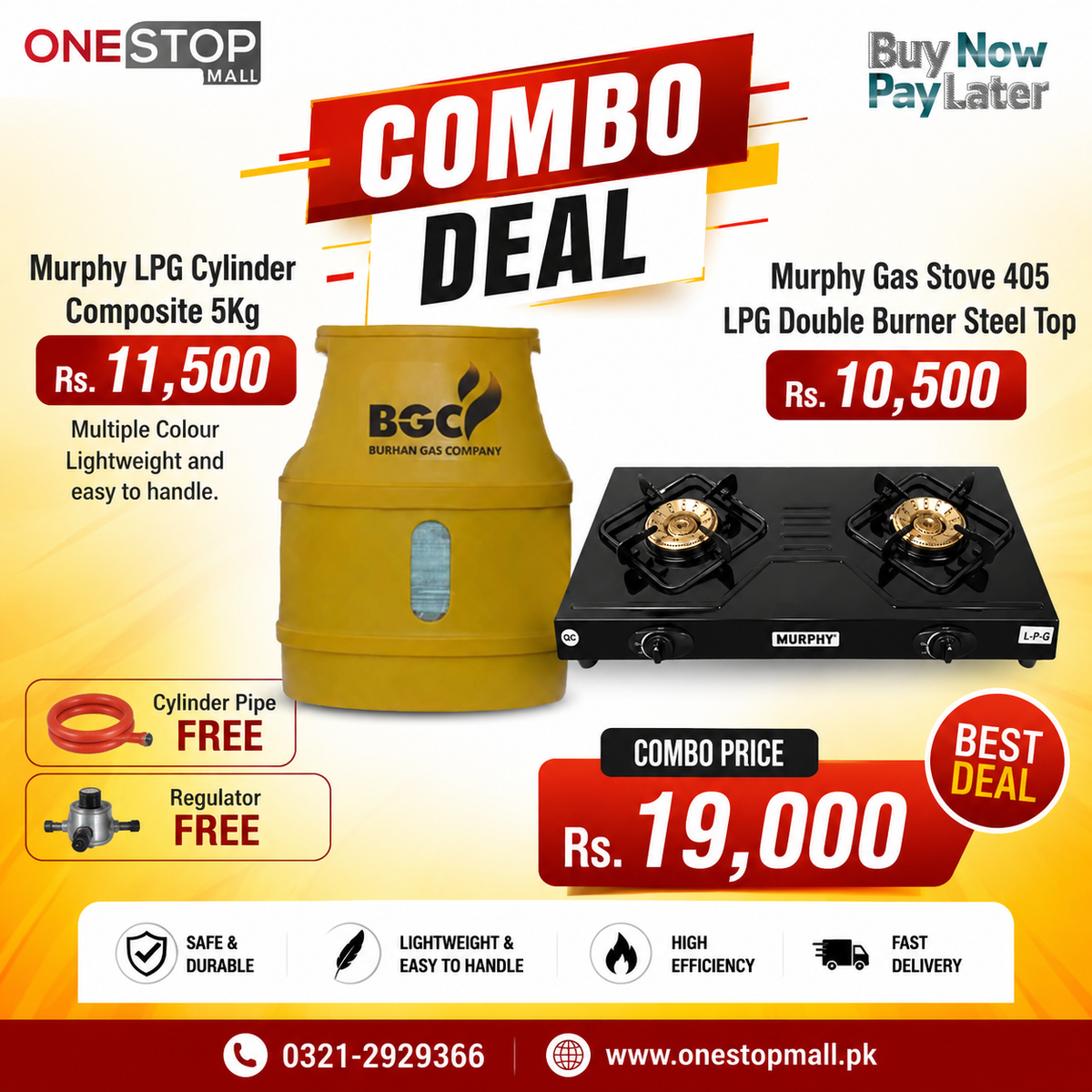 Murphy LPG Combo Deal – 5KG Composite Gas Cylinder + Double Burner Gas Stove + FREE Regulator & Gas Pipe