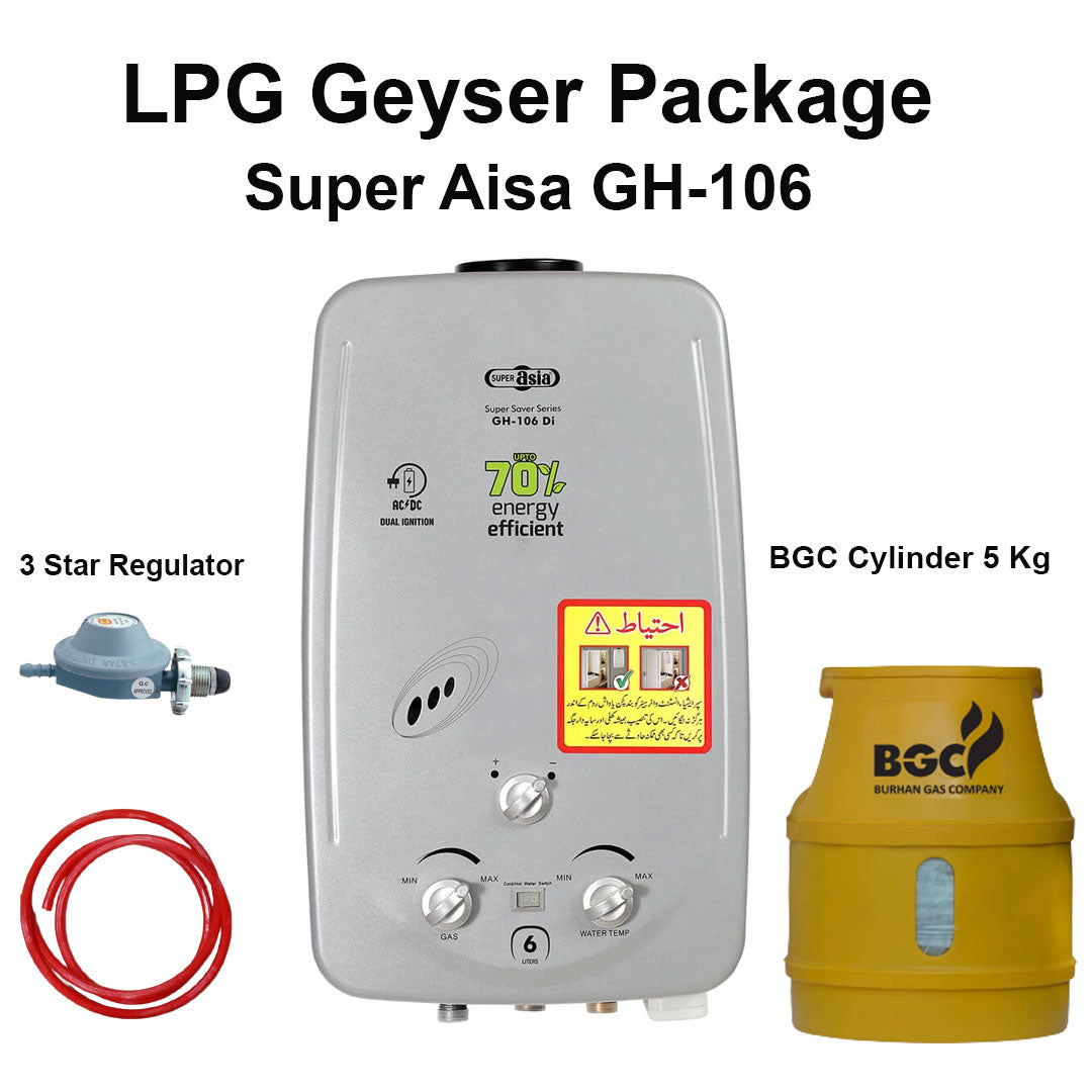 Package Super Asia 06 Liter  Instant Geyser GH-106 White BGC Cylinder 5 Kg  3 Star Regulator and Gas Pipe