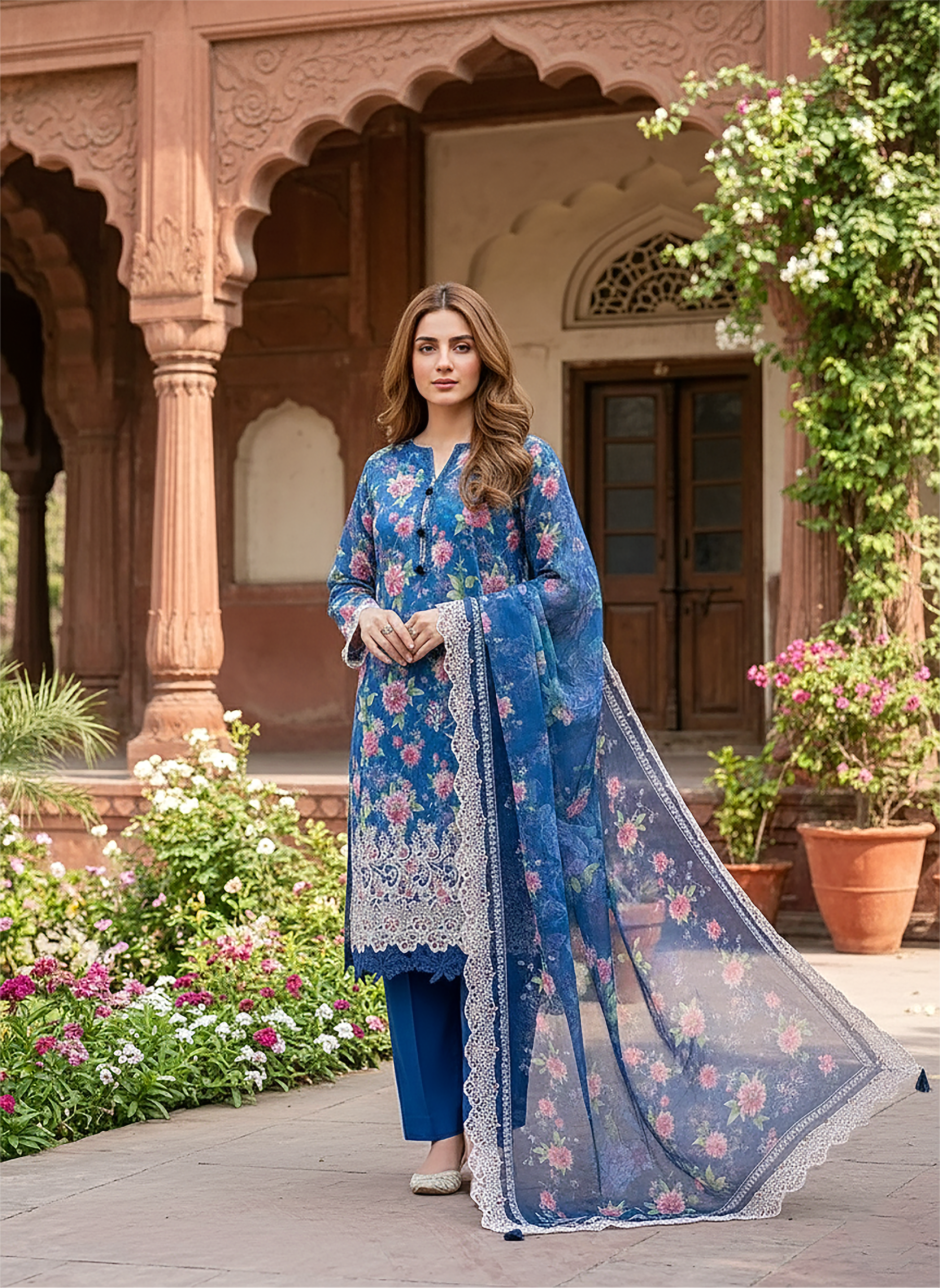 03 Piece Stitched Embroidered with cutwork embroidered chiffon dupatta