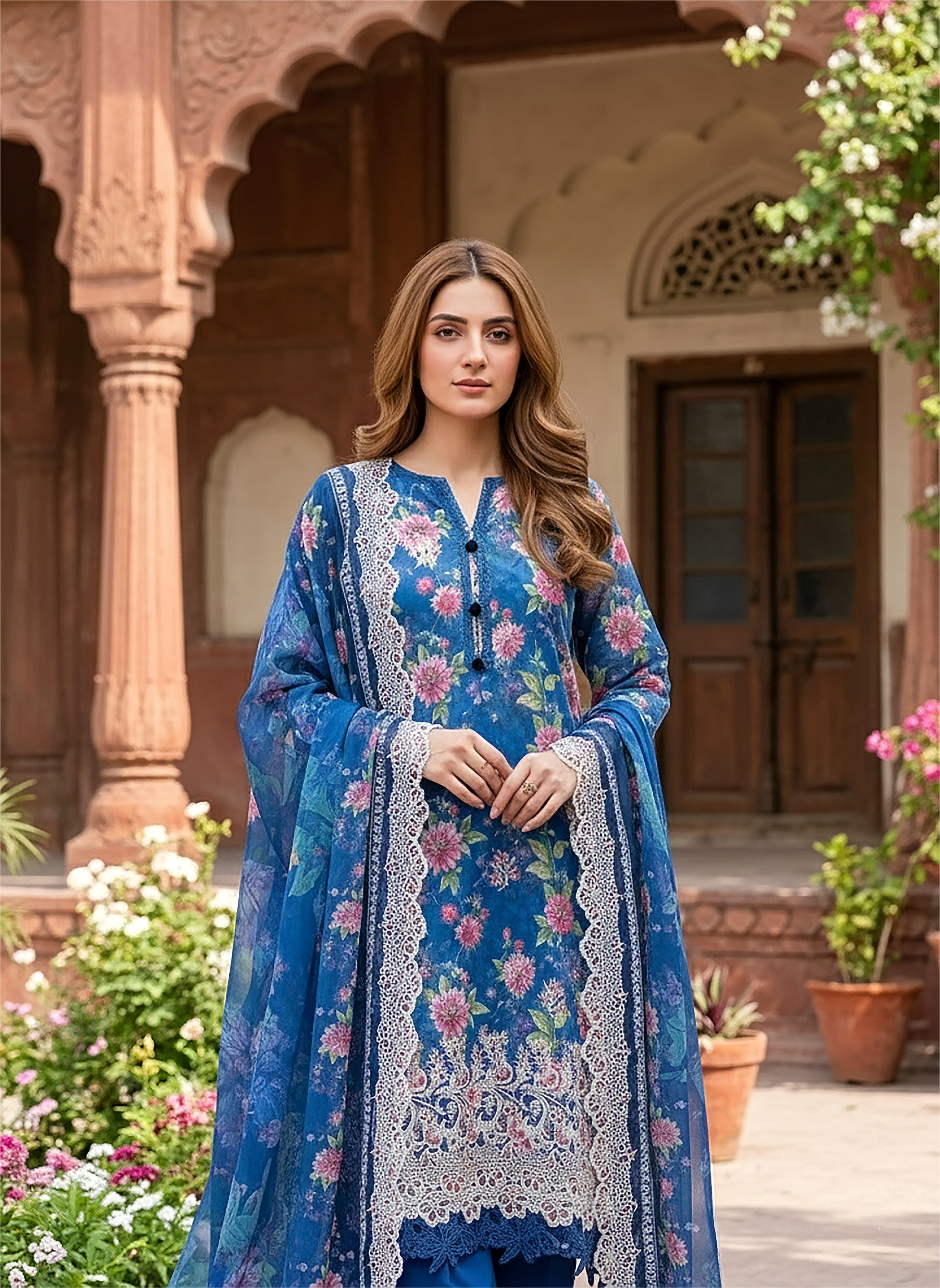 03 Piece Stitched Embroidered with cutwork embroidered chiffon dupatta