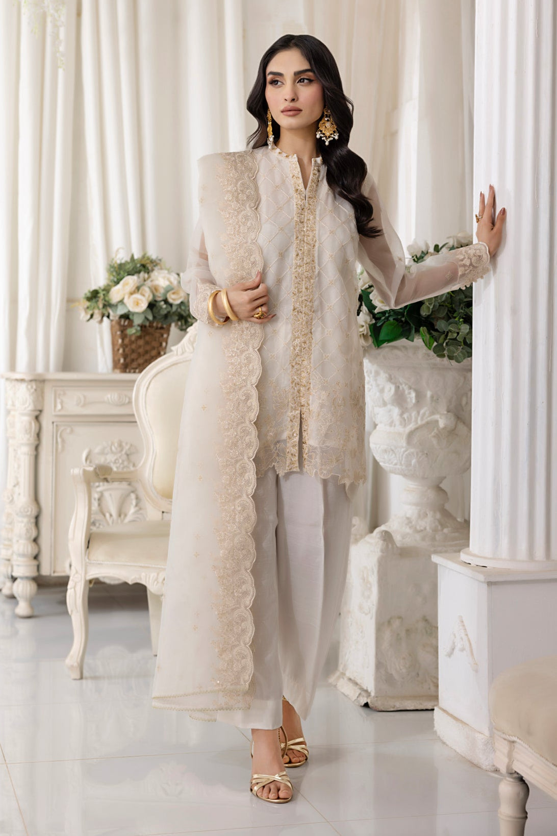 03 Piece Ready to wear Embroidered Organza
