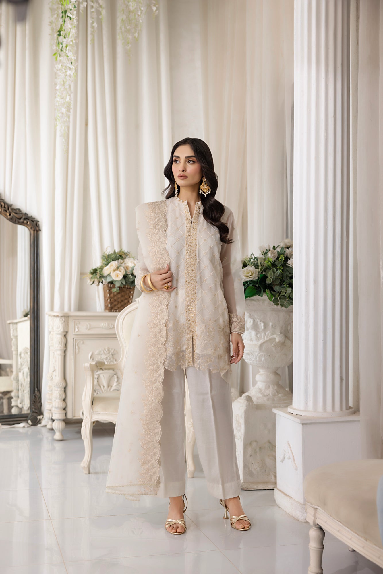 03 Piece Ready to wear Embroidered Organza