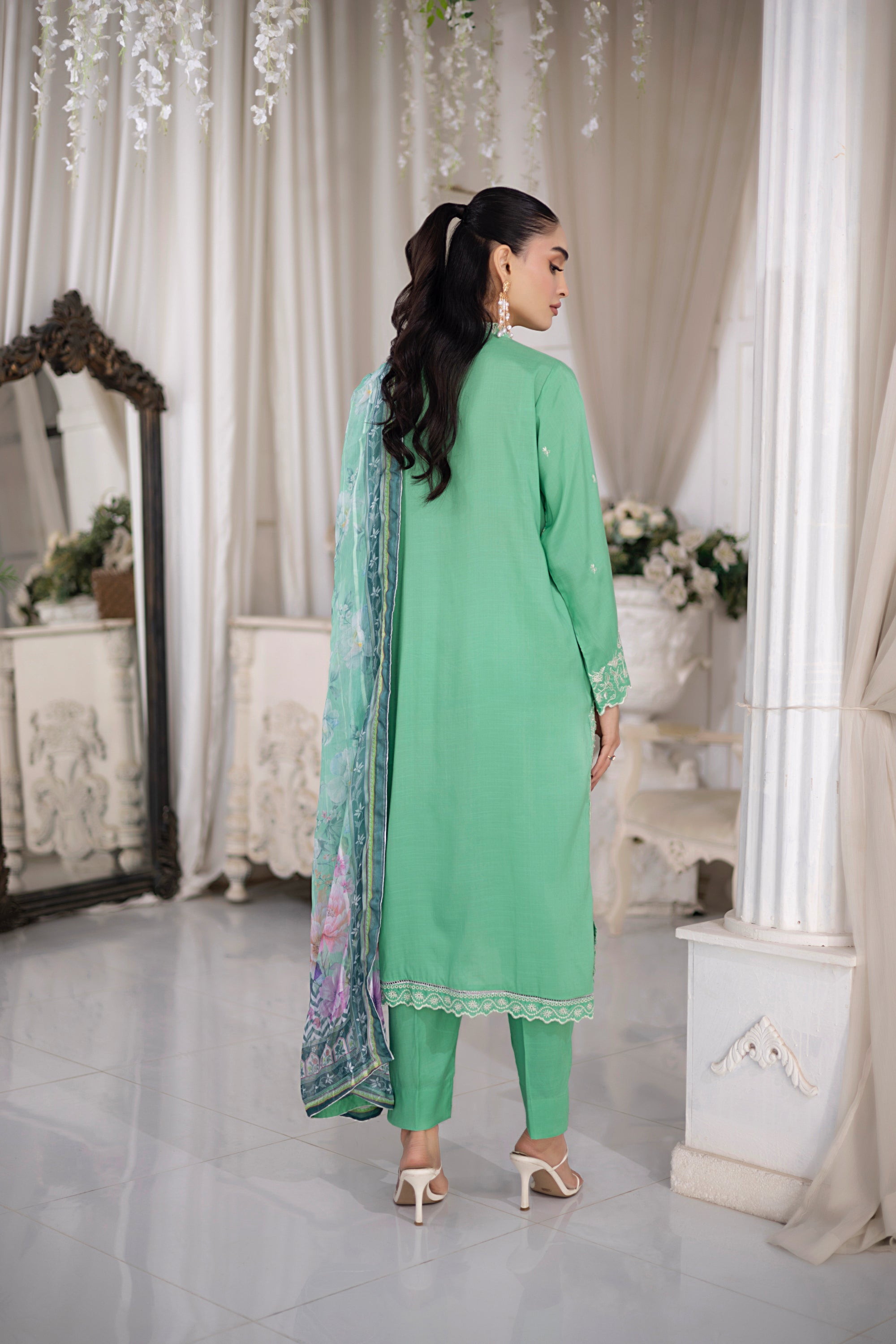 03 Piece Ready to wear Embroidered Raw Silk With Printed Polyester Chiffon Dupatta
