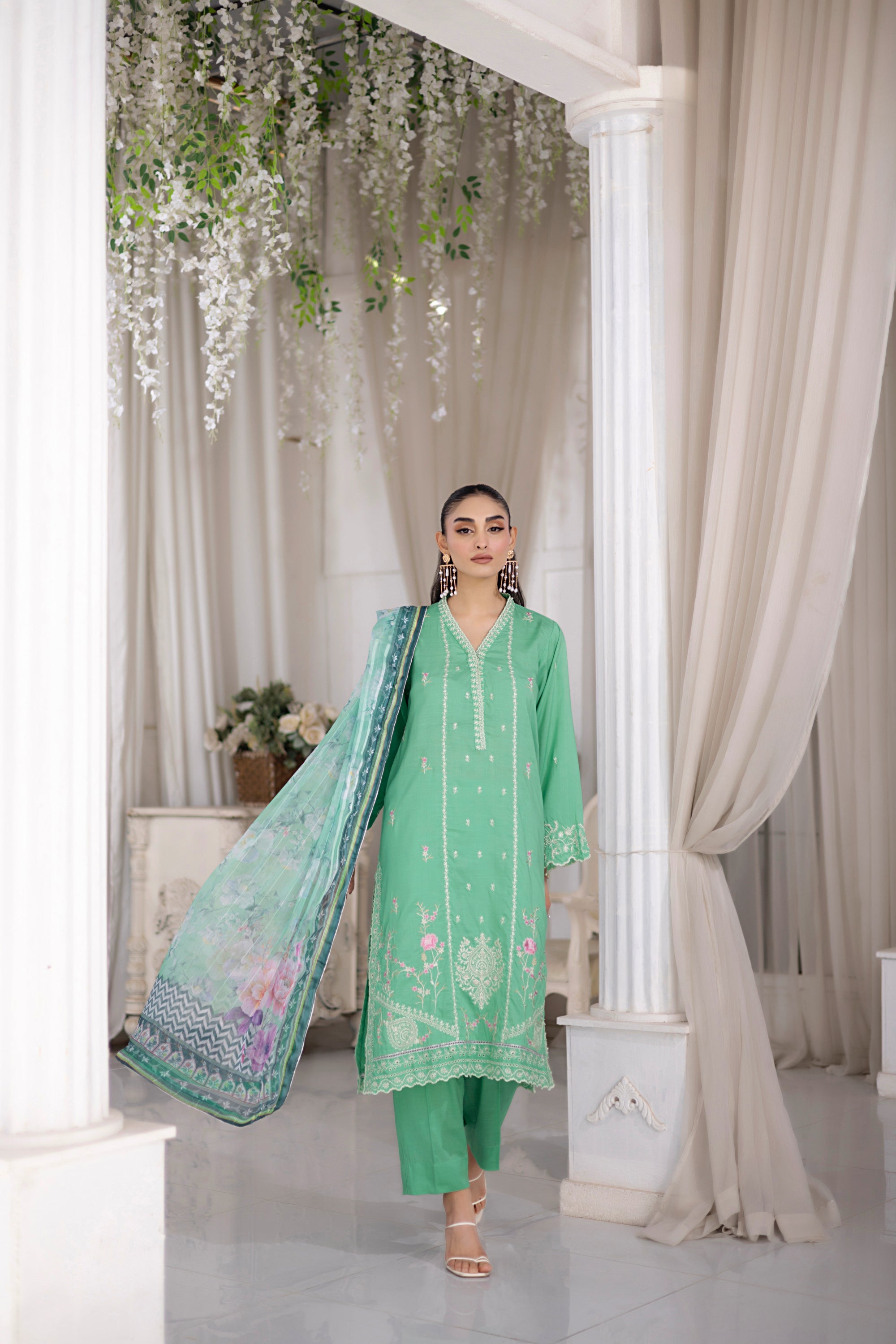 03 Piece Ready to wear Embroidered Raw Silk With Printed Polyester Chiffon Dupatta