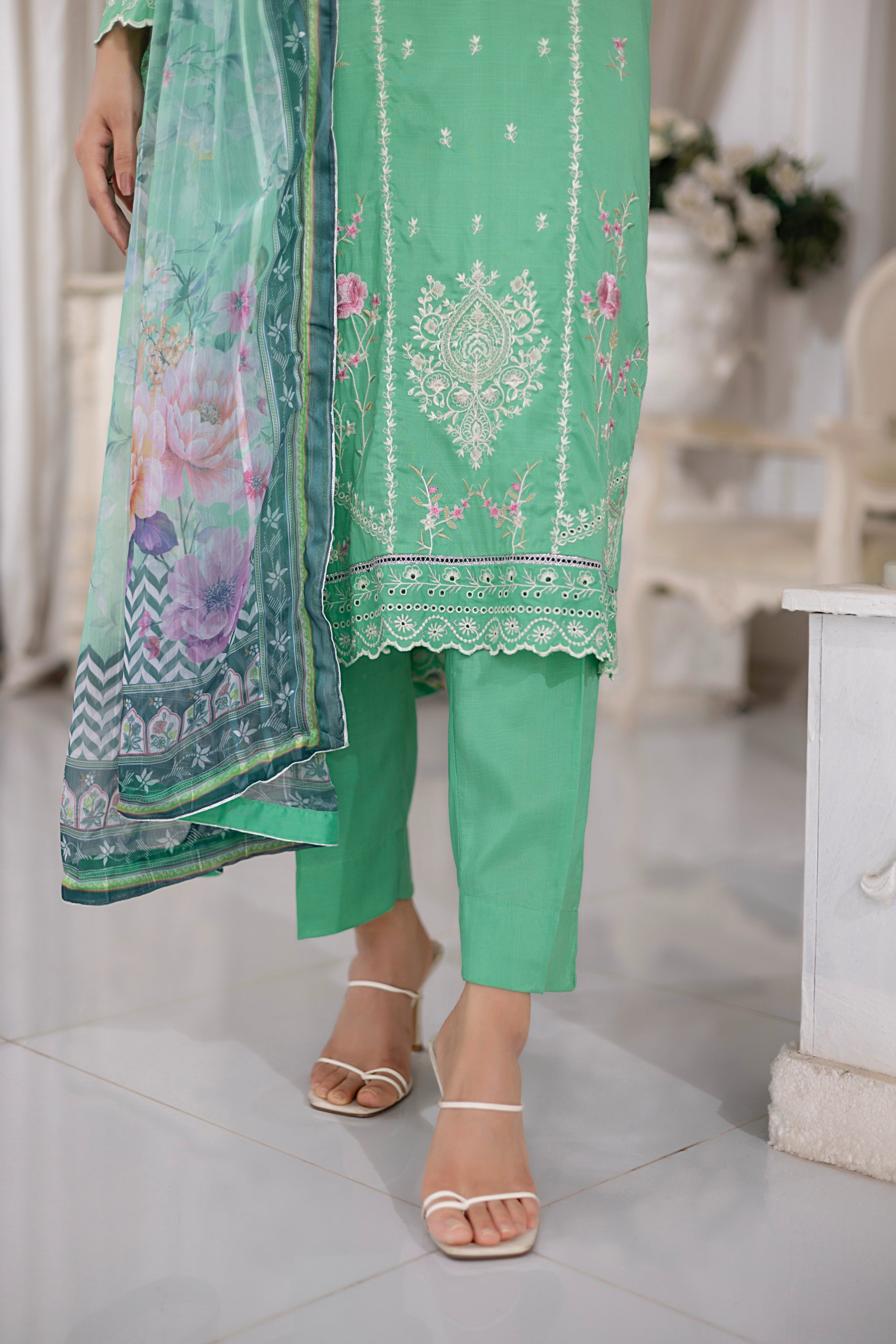 03 Piece Ready to wear Embroidered Raw Silk With Printed Polyester Chiffon Dupatta