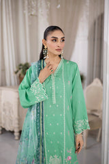 03 Piece Ready to wear Embroidered Raw Silk With Printed Polyester Chiffon Dupatta