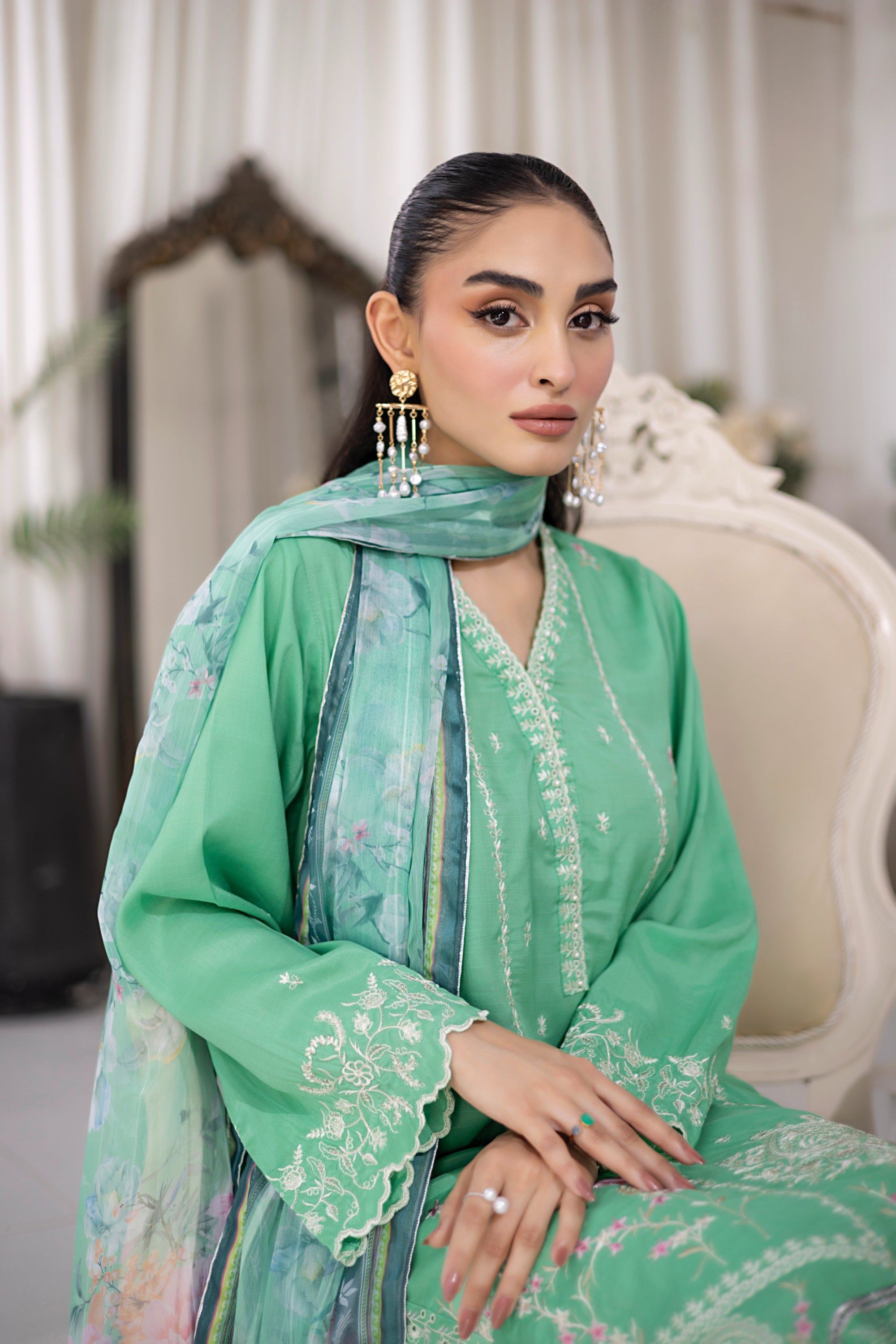 03 Piece Ready to wear Embroidered Raw Silk With Printed Polyester Chiffon Dupatta