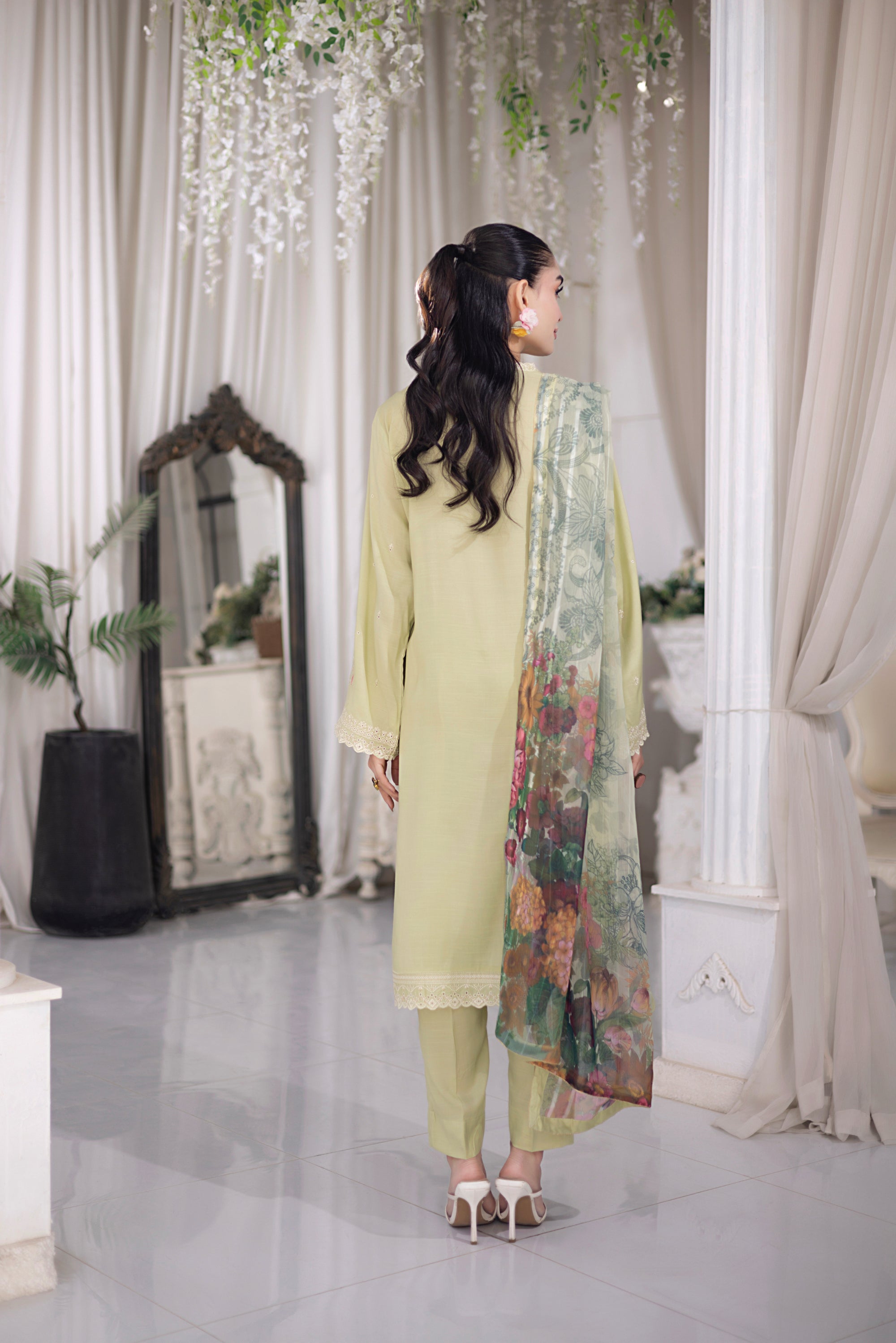 03 Piece Ready to wear Embroidered Raw Silk With Printed Polyester Chiffon Dupatta