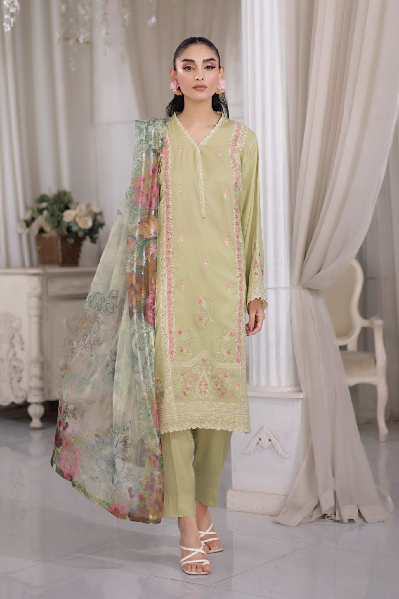 03 Piece Ready to wear Embroidered Raw Silk With Printed Polyester Chiffon Dupatta