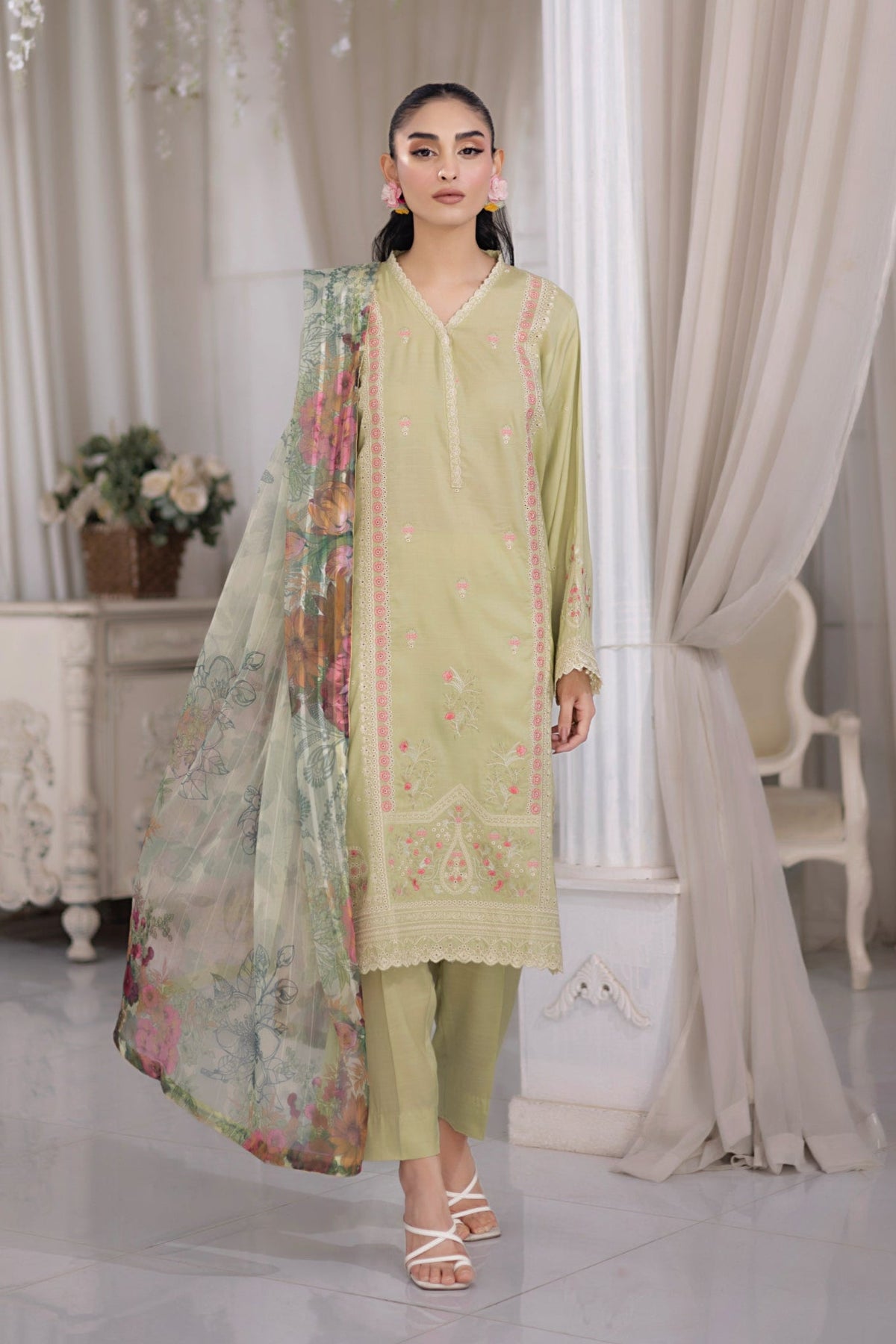 03 Piece Ready to wear Embroidered Raw Silk With Printed Polyester Chiffon Dupatta