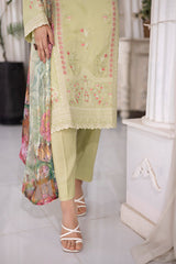 03 Piece Ready to wear Embroidered Raw Silk With Printed Polyester Chiffon Dupatta