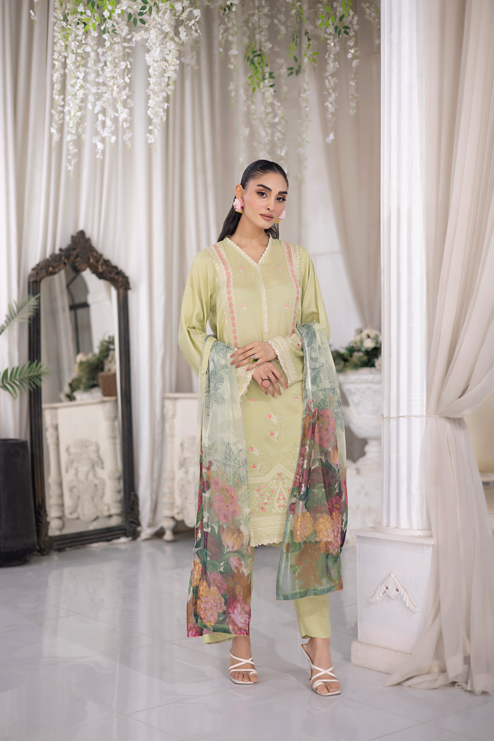 03 Piece Ready to wear Embroidered Raw Silk With Printed Polyester Chiffon Dupatta