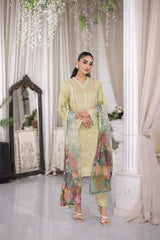 03 Piece Ready to wear Embroidered Raw Silk With Printed Polyester Chiffon Dupatta