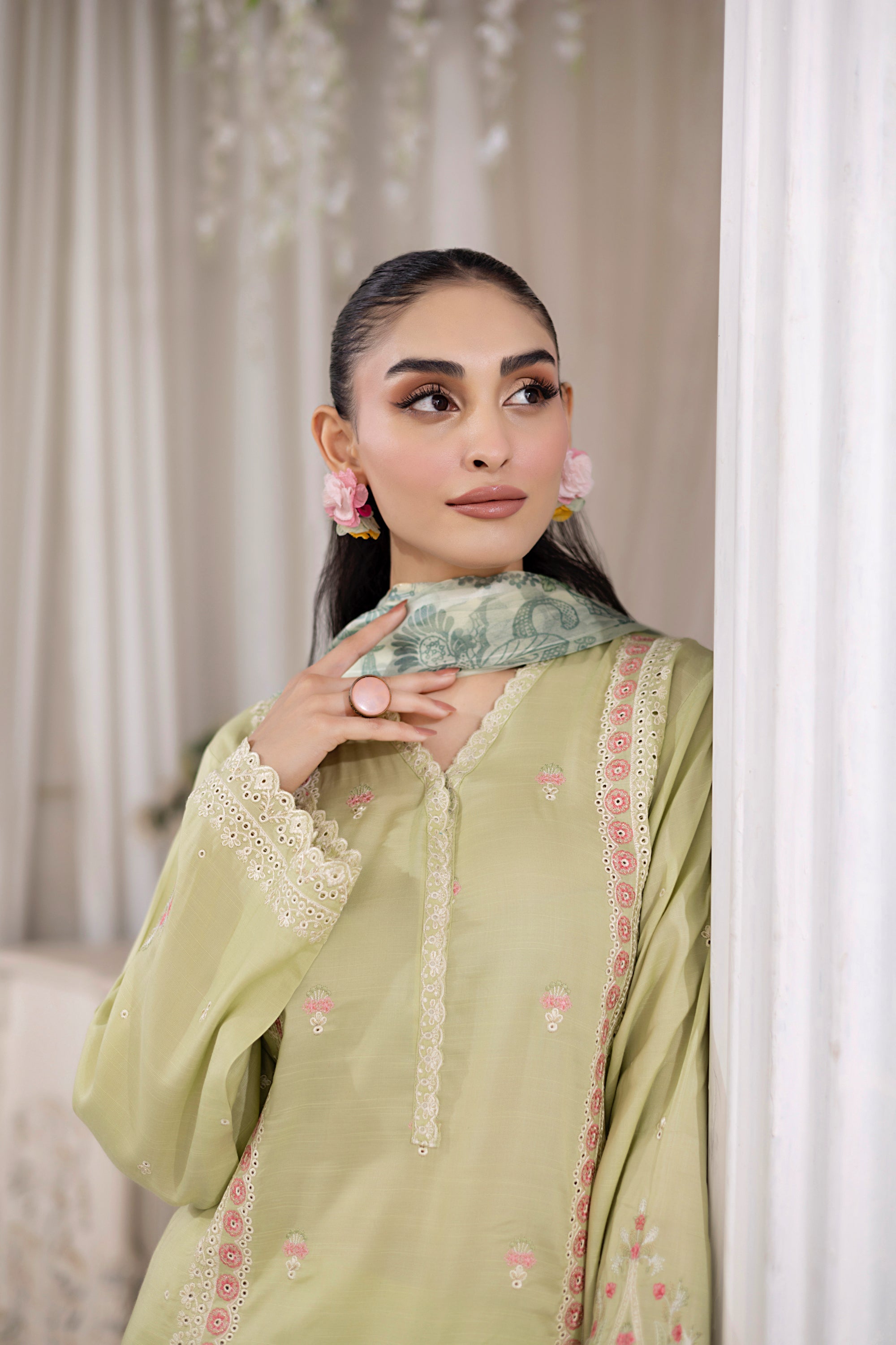 03 Piece Ready to wear Embroidered Raw Silk With Printed Polyester Chiffon Dupatta