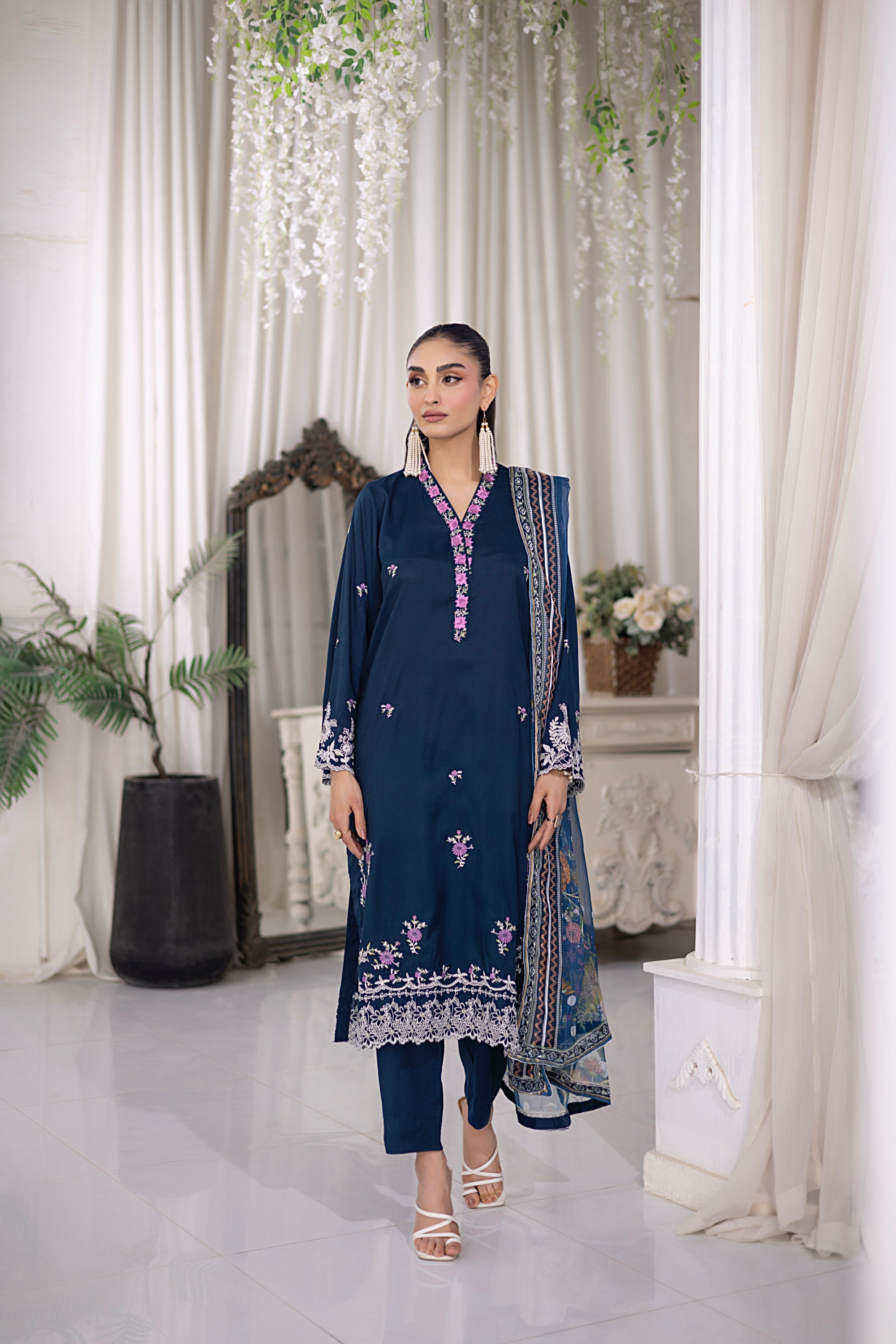 03 Piece Ready to wear Embroidered Raw Silk With Printed Polyester Chiffon Dupatta