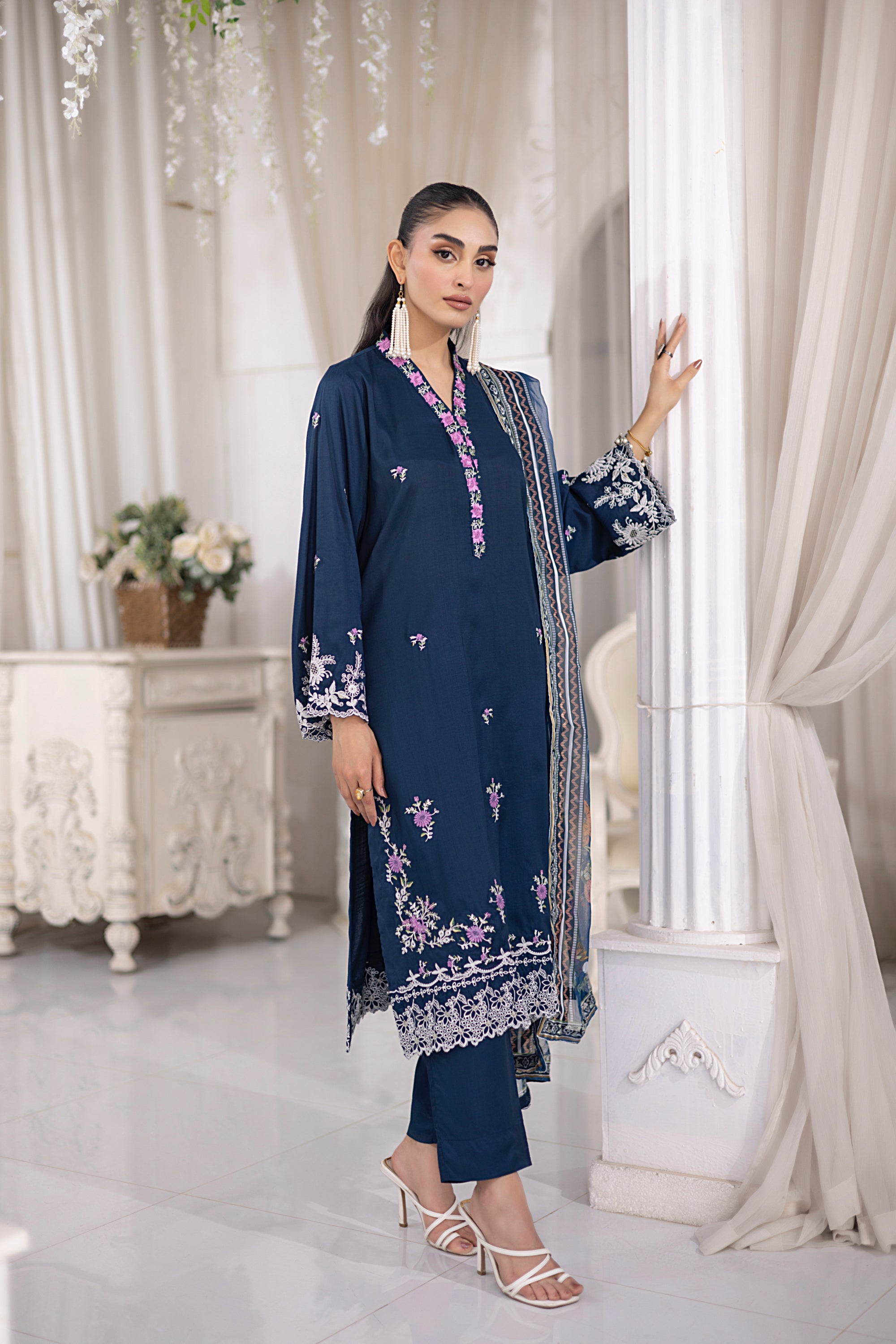 03 Piece Ready to wear Embroidered Raw Silk With Printed Polyester Chiffon Dupatta