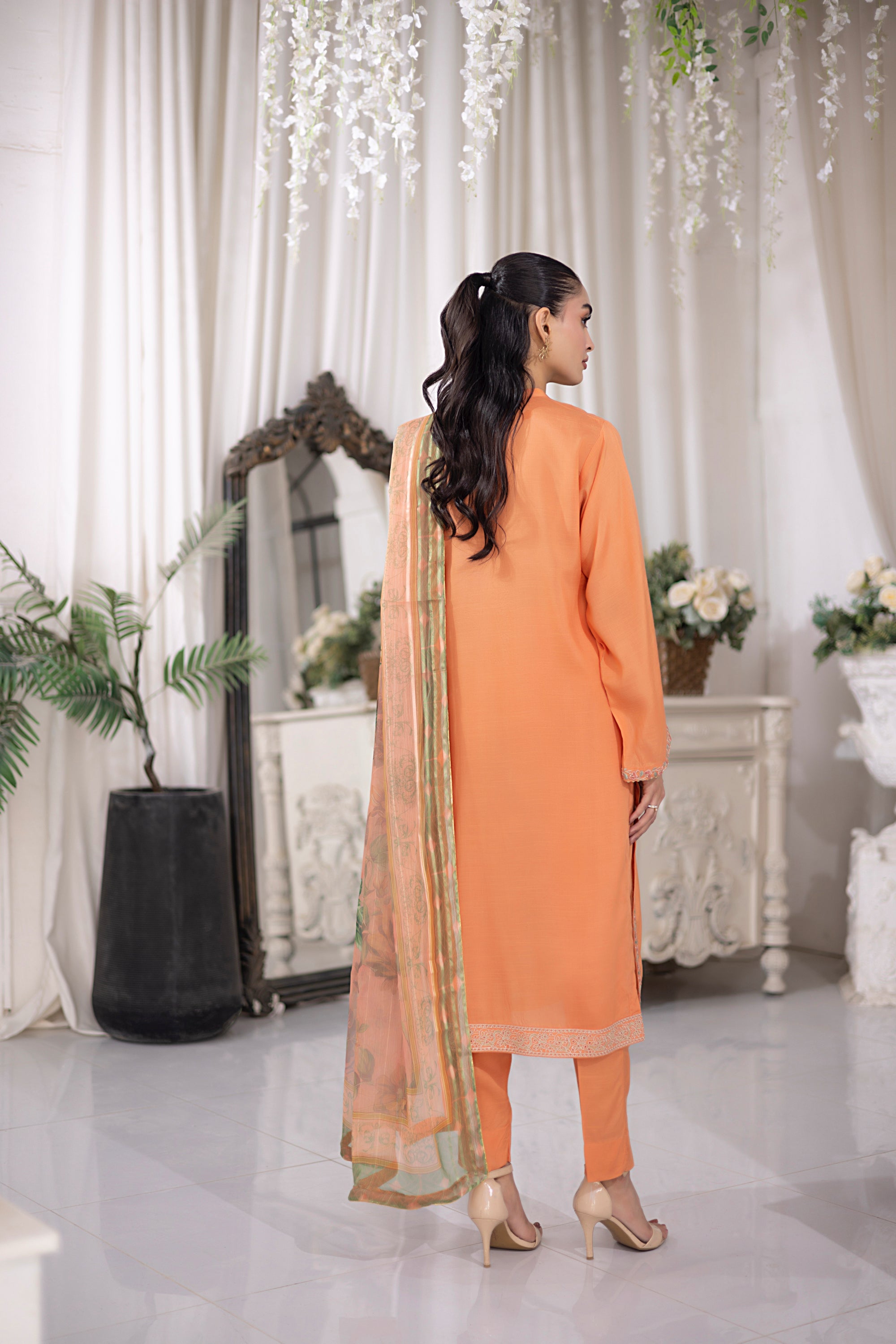 03 Piece Ready to wear Embroidered Raw Silk With Printed Polyester Chiffon Dupatta