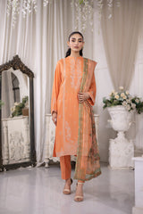 03 Piece Ready to wear Embroidered Raw Silk With Printed Polyester Chiffon Dupatta