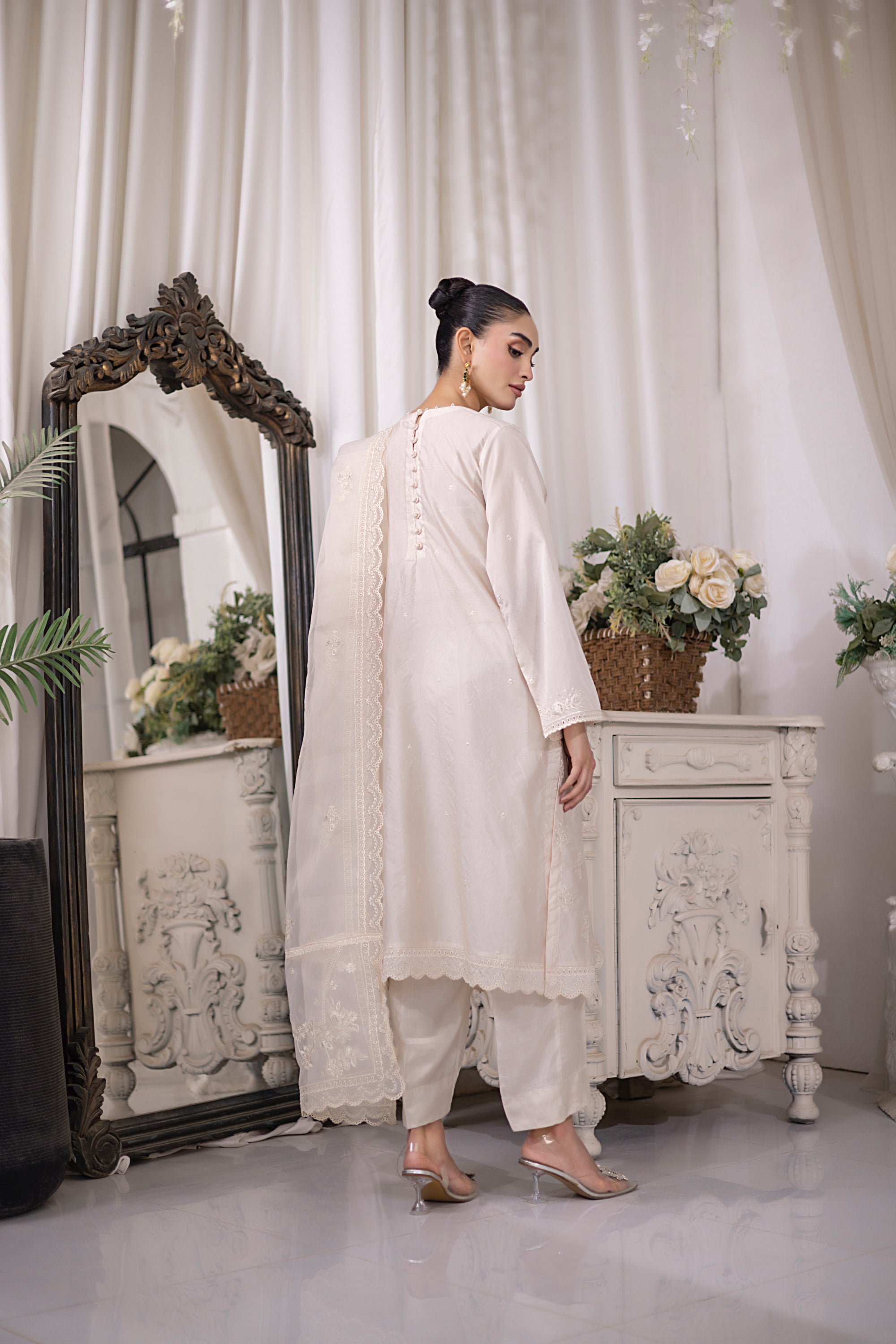 03 Piece Ready to wear Embroidered Raw Silk With Printed Polyester Chiffon Dupatta