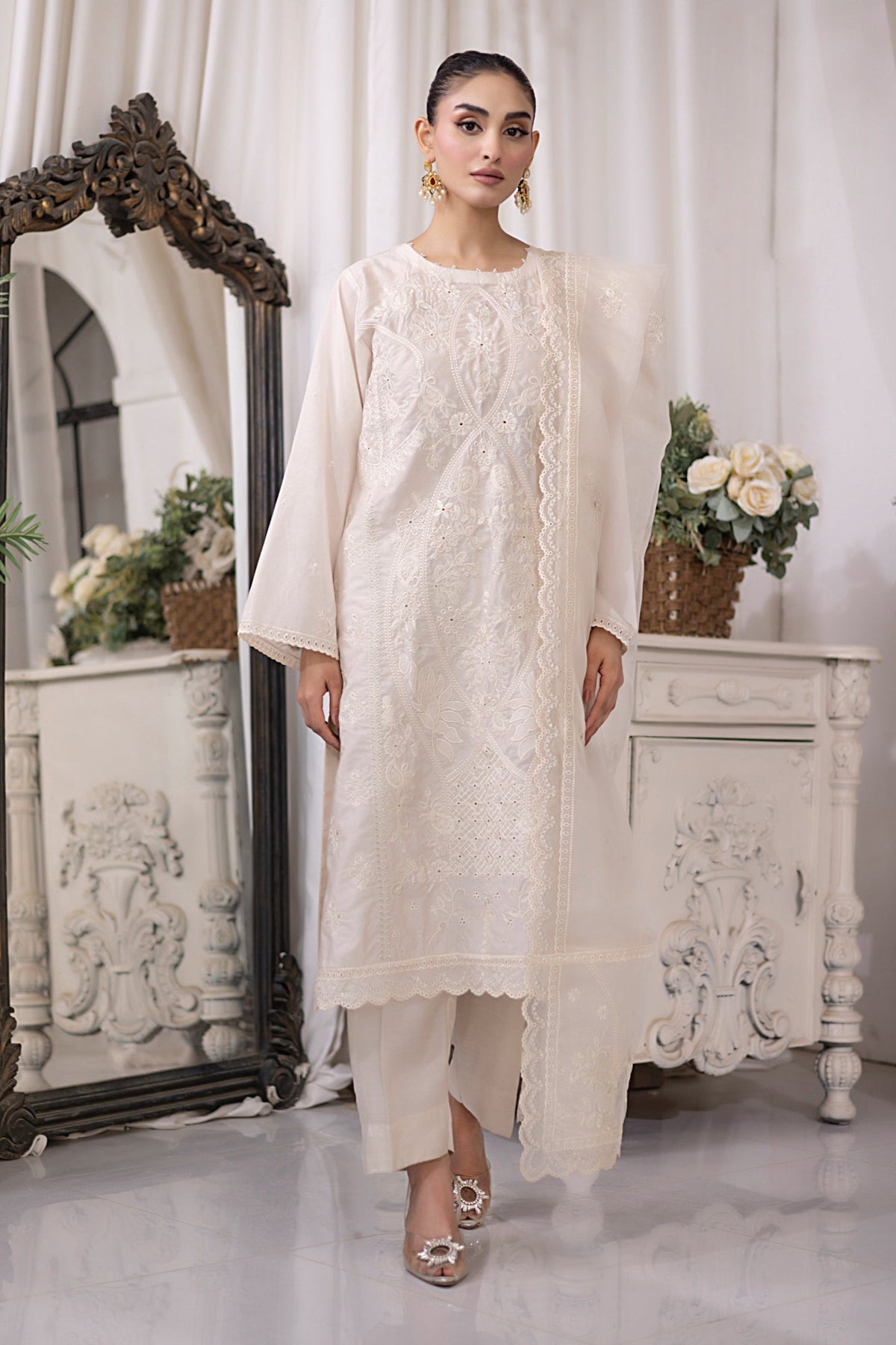 03 Piece Ready to wear Embroidered Raw Silk With Printed Polyester Chiffon Dupatta