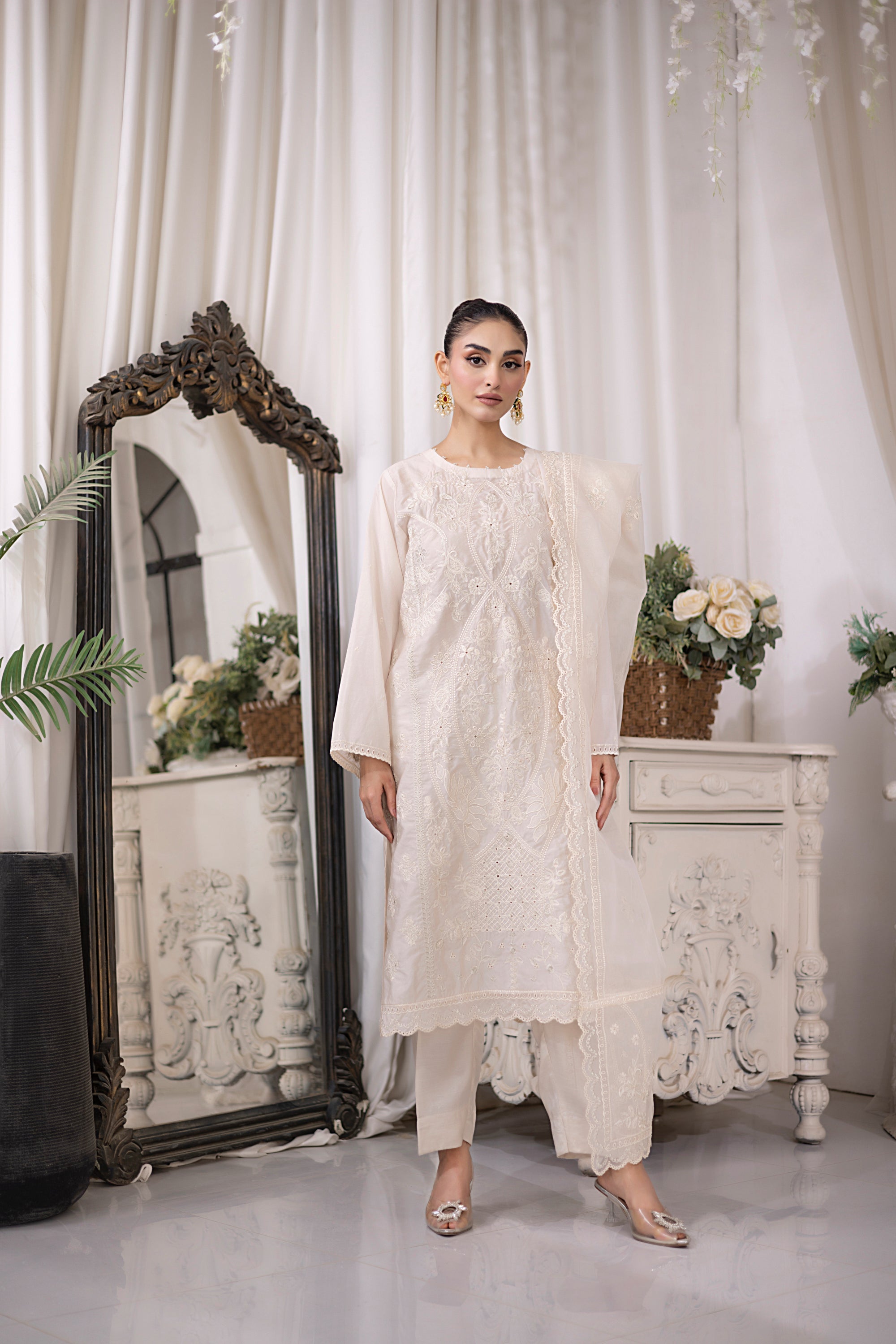 03 Piece Ready to wear Embroidered Raw Silk With Printed Polyester Chiffon Dupatta