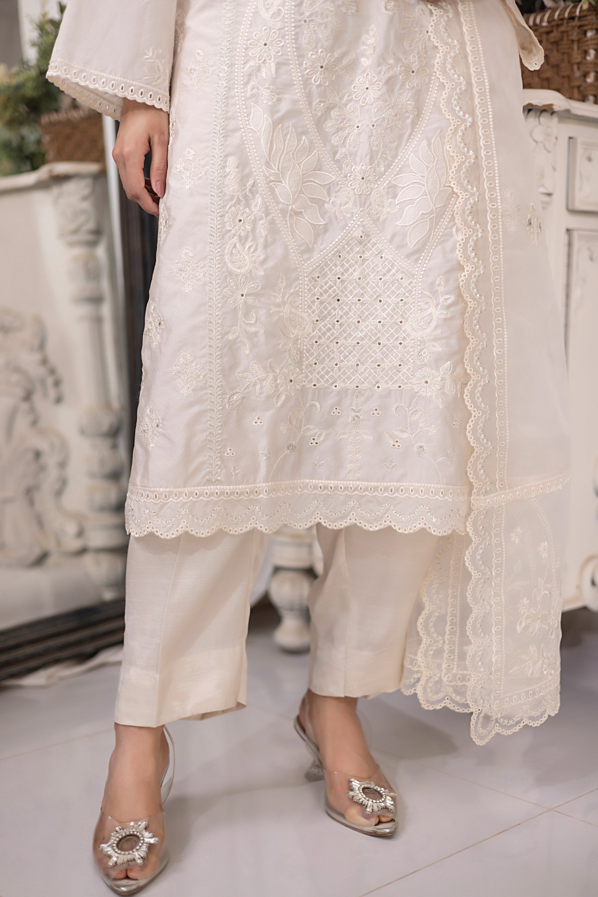 03 Piece Ready to wear Embroidered Raw Silk With Printed Polyester Chiffon Dupatta