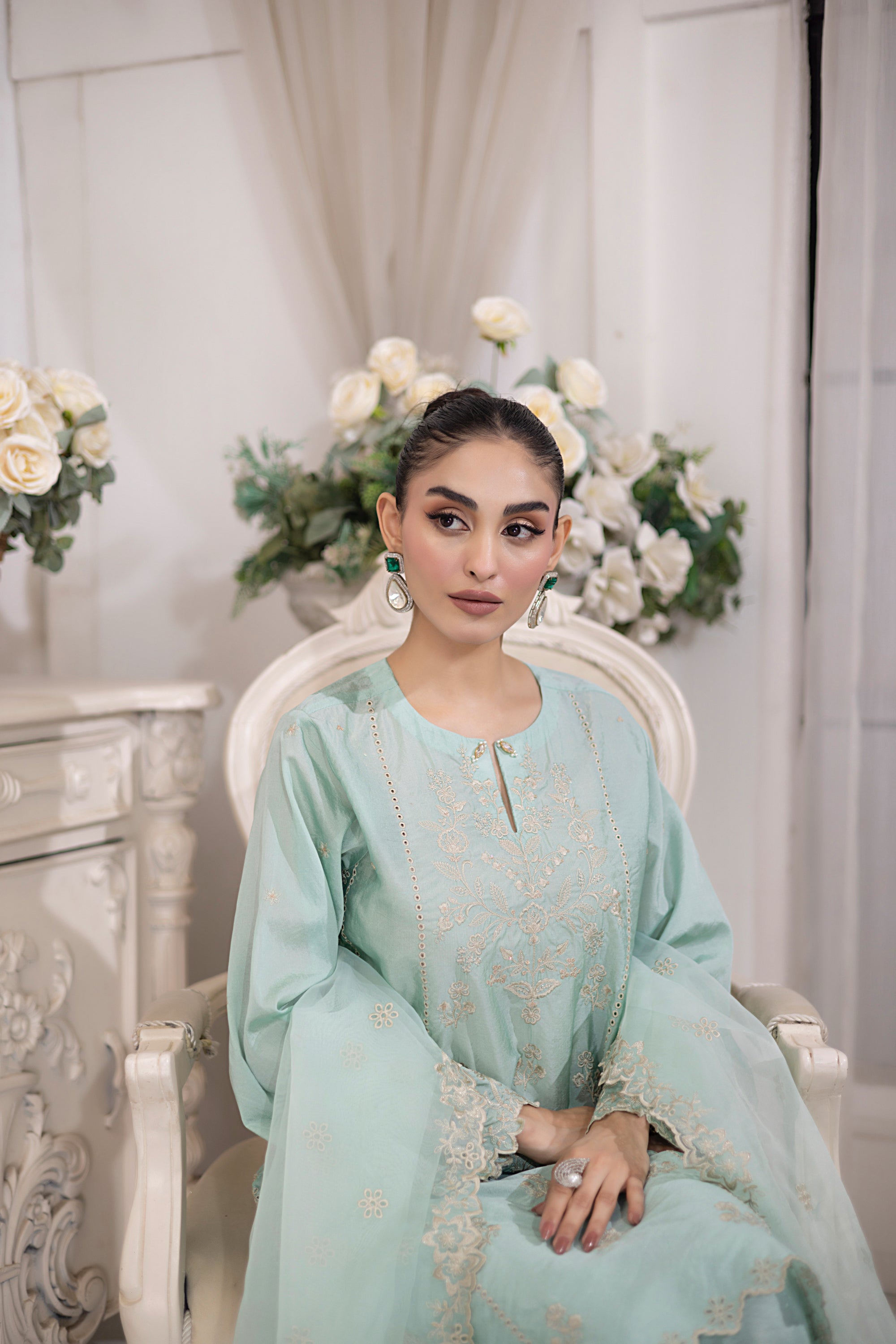 03 Piece Ready to wear Embroidered Raw Silk With Printed Polyester Chiffon Dupatta