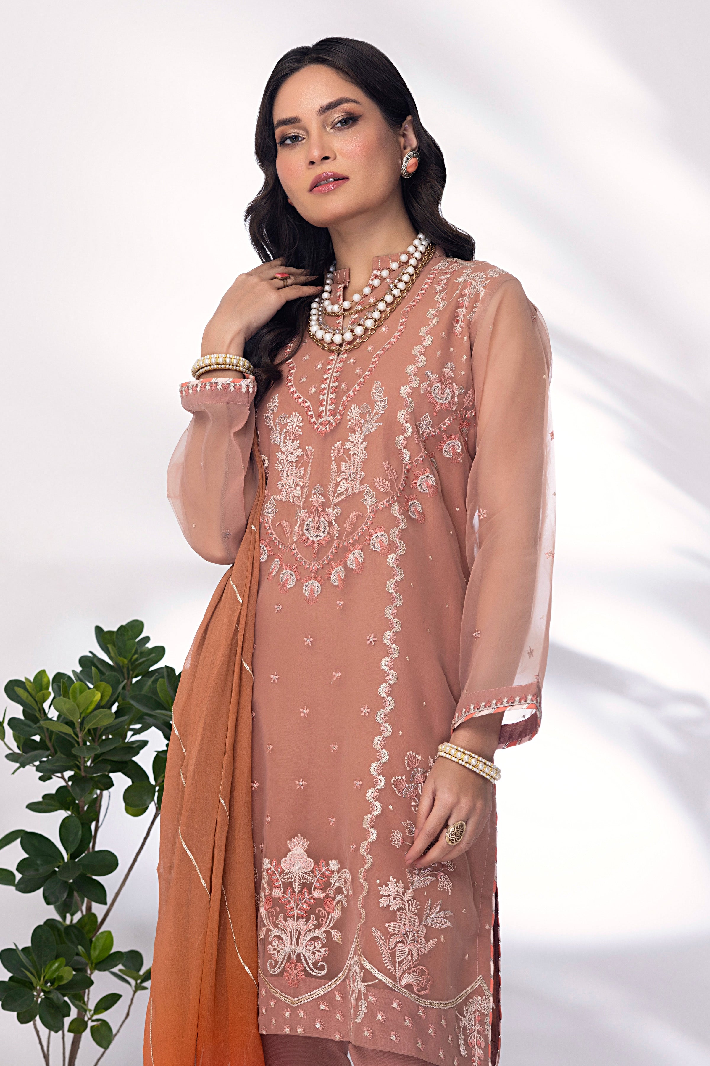 03 Piece Ready to wear  Embroidered Organza with printed chiffon dupatta