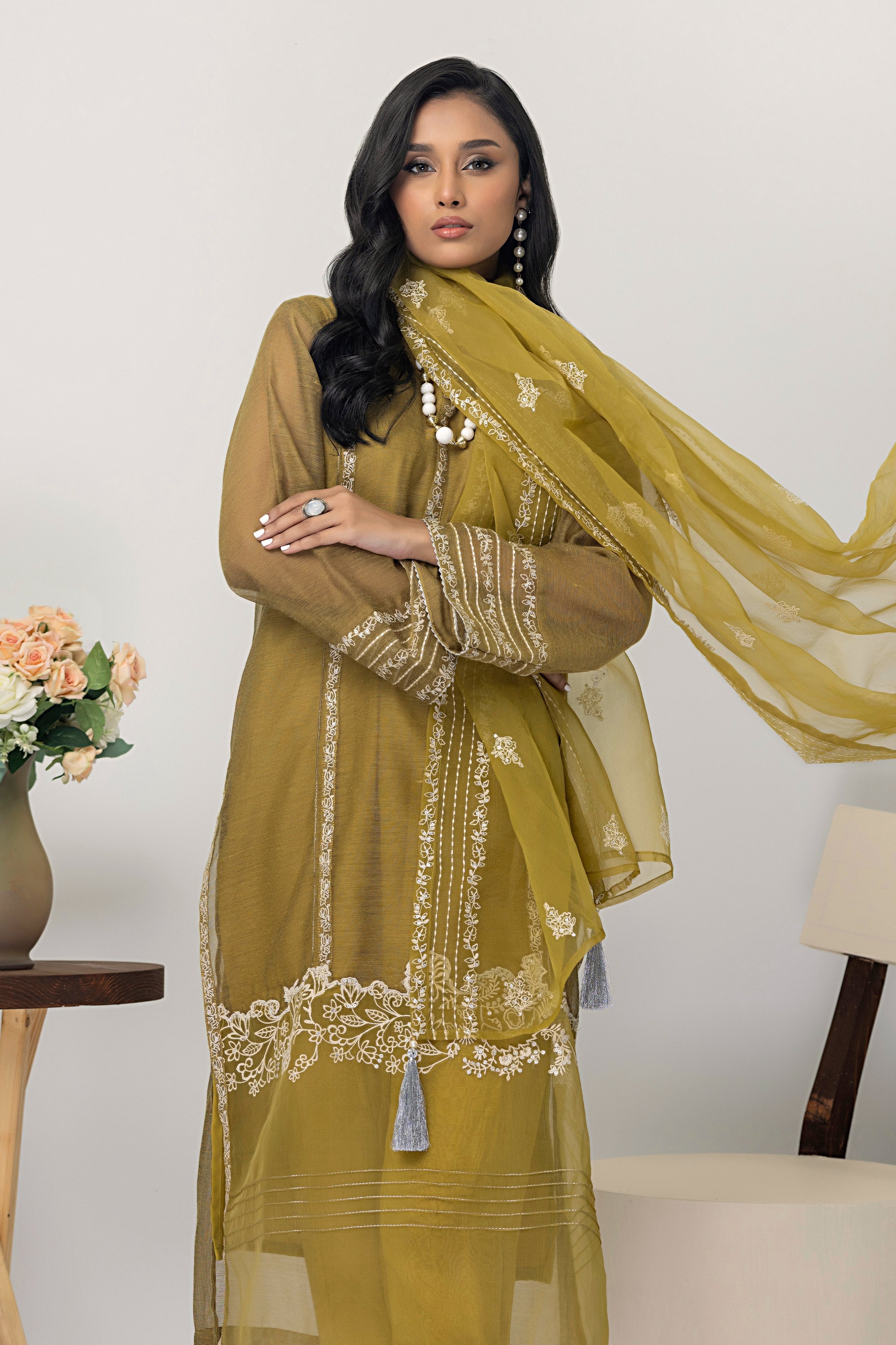 03 Piece Ready to wear Embroidered  Khaddi net with Organza dupatta