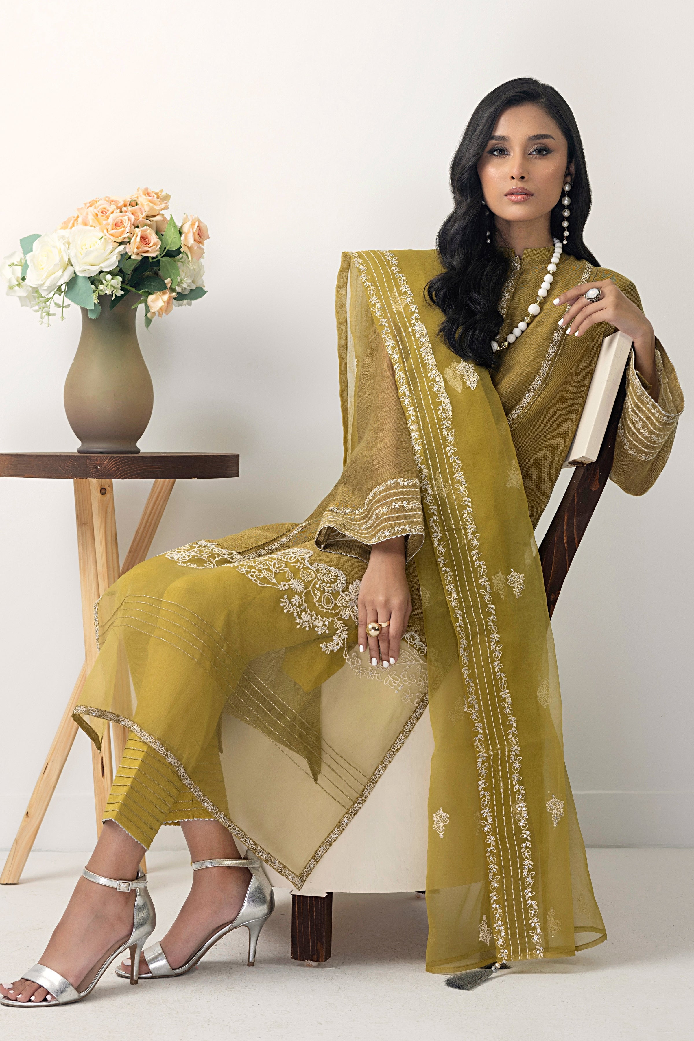 03 Piece Ready to wear Embroidered  Khaddi net with Organza dupatta