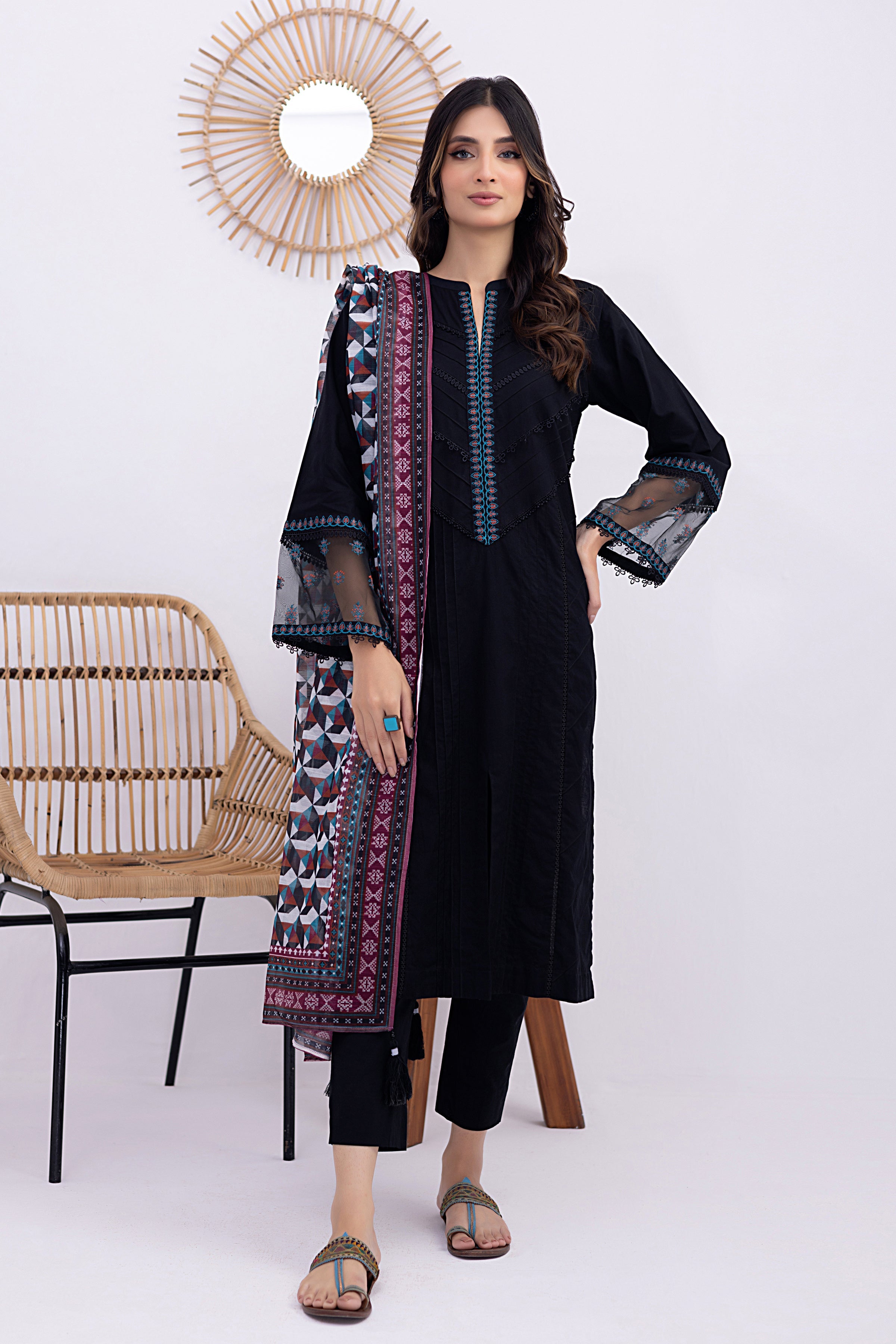 03 Piece Ready to wear  dyed Embroidered with printed dupatta