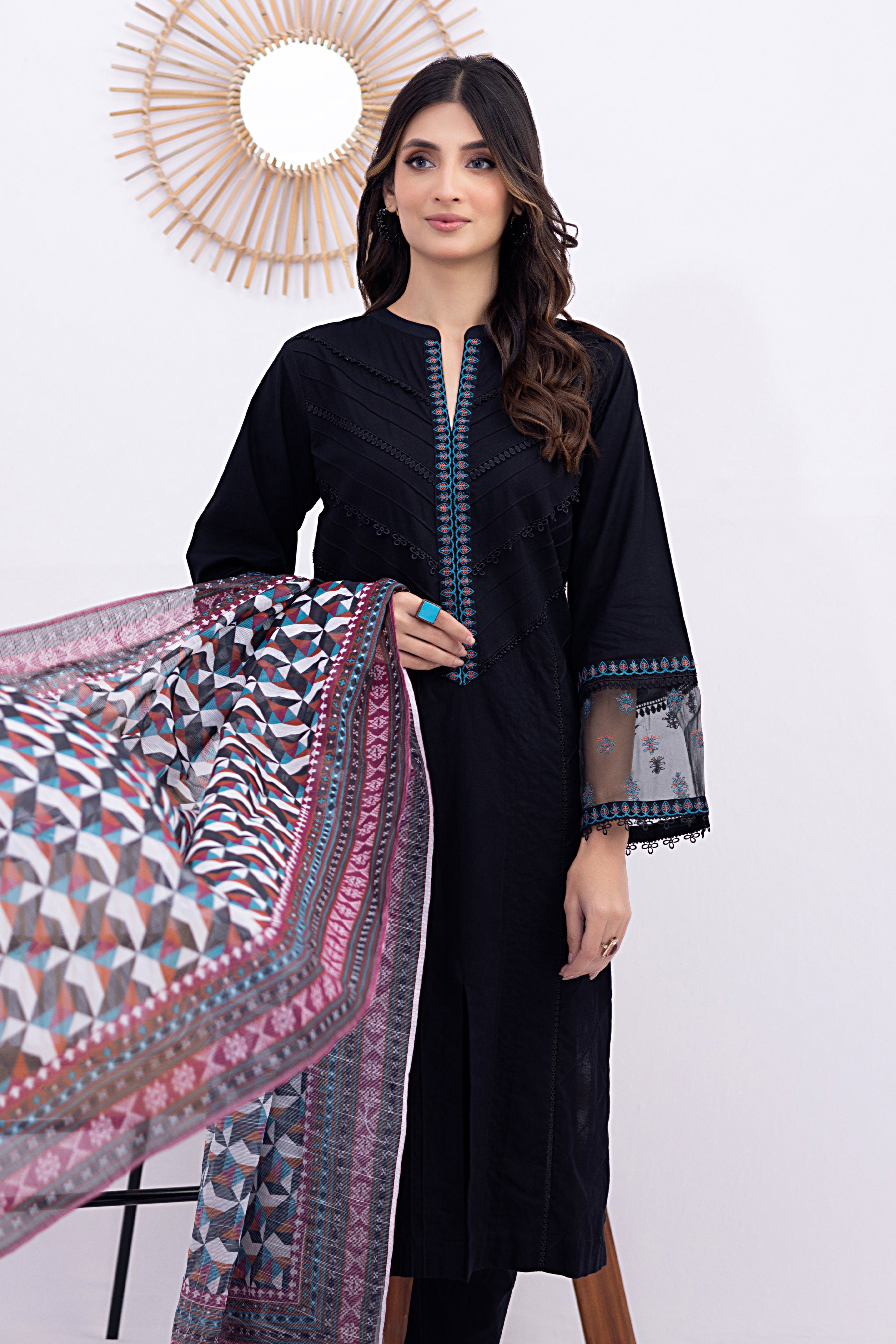03 Piece Ready to wear  dyed Embroidered with printed dupatta
