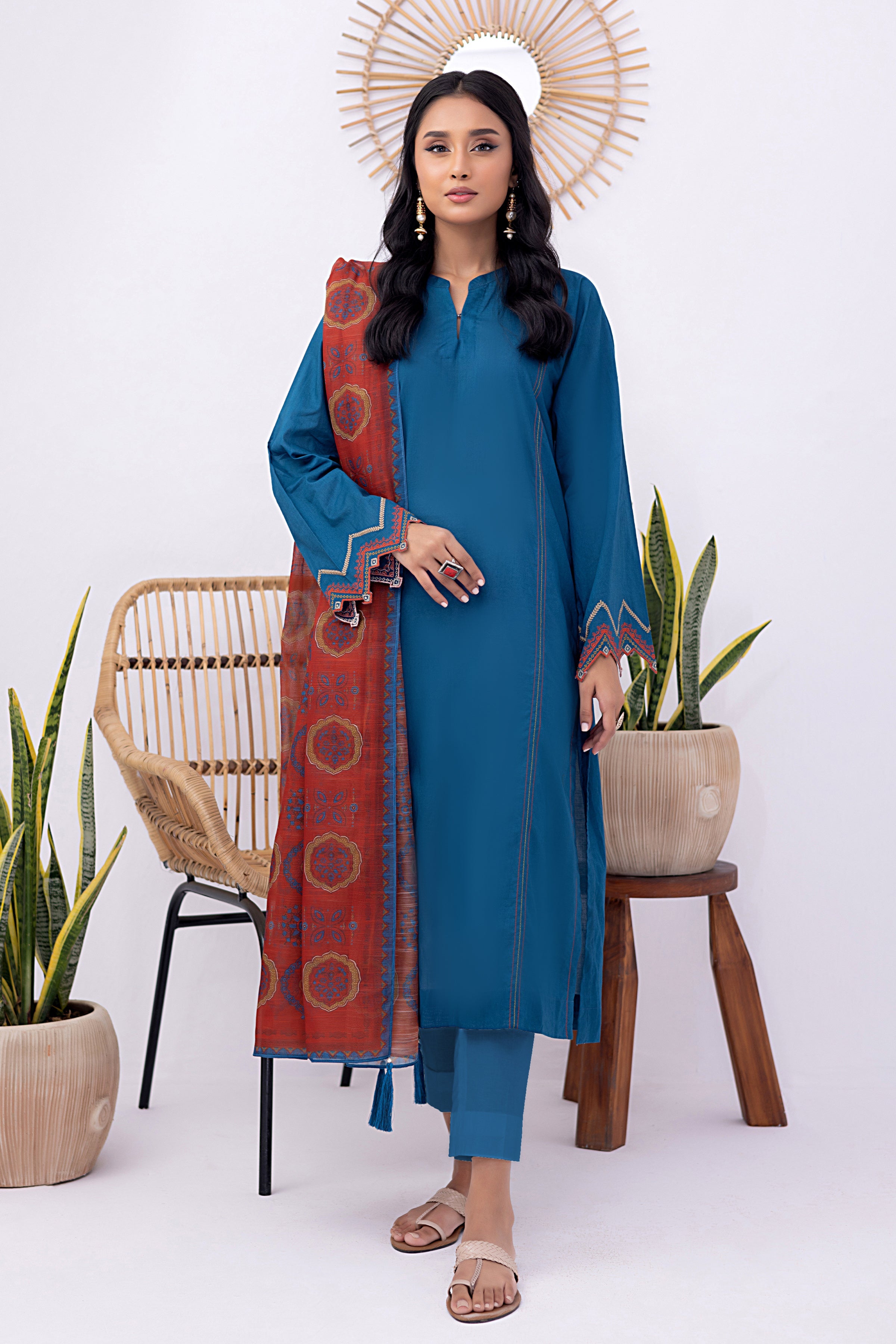 03 Piece Ready to wear  dyed Embroidered with printed dupatta