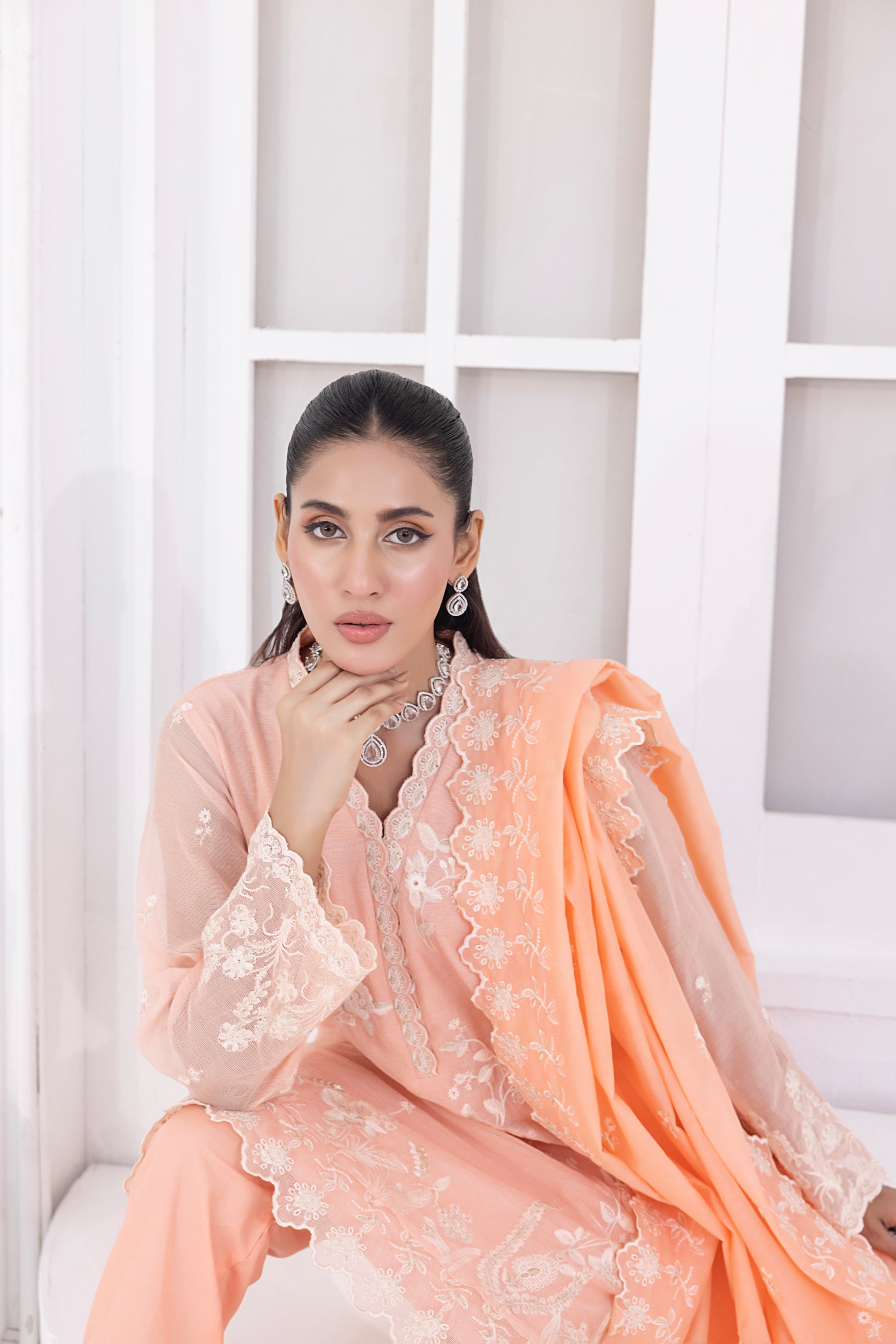 03 Piece Ready To Wear Embroidered Khaddi Net With Embroidered Fancy Net Dupatta