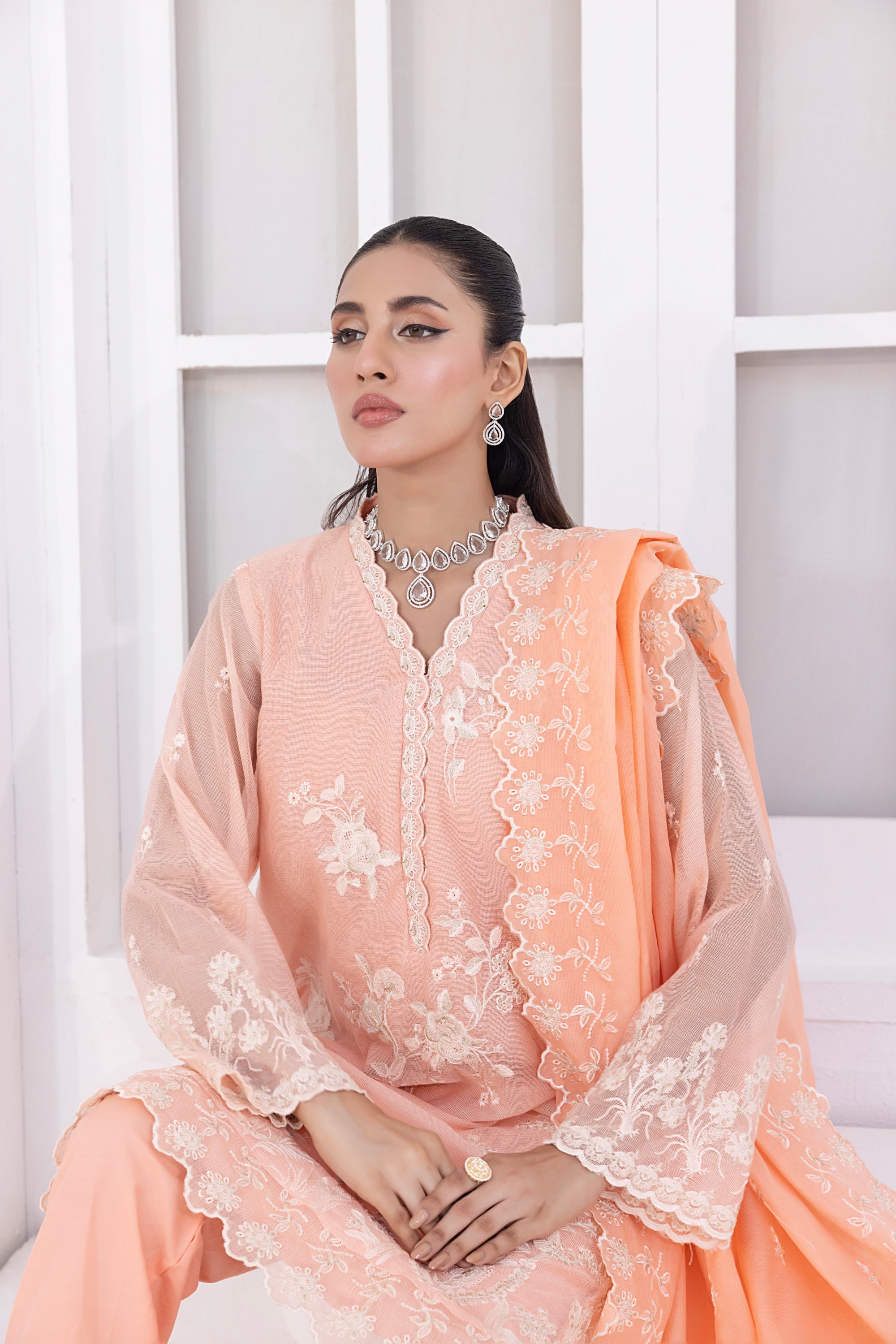 03 Piece Ready To Wear Embroidered Khaddi Net With Embroidered Fancy Net Dupatta