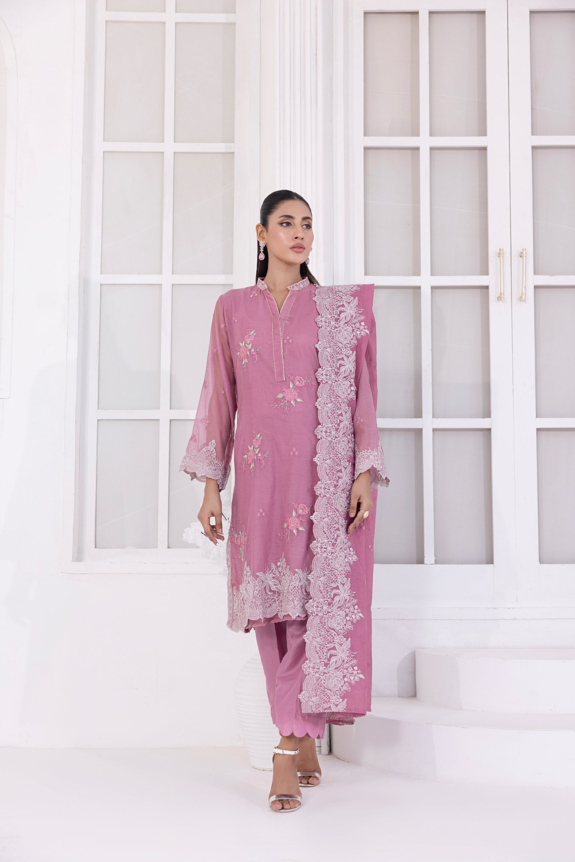 03 Piece Ready To Wear Embroidered Khaddi Net With Embroidered Fancy Net Dupatta