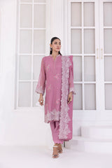 03 Piece Ready To Wear Embroidered Khaddi Net With Embroidered Fancy Net Dupatta